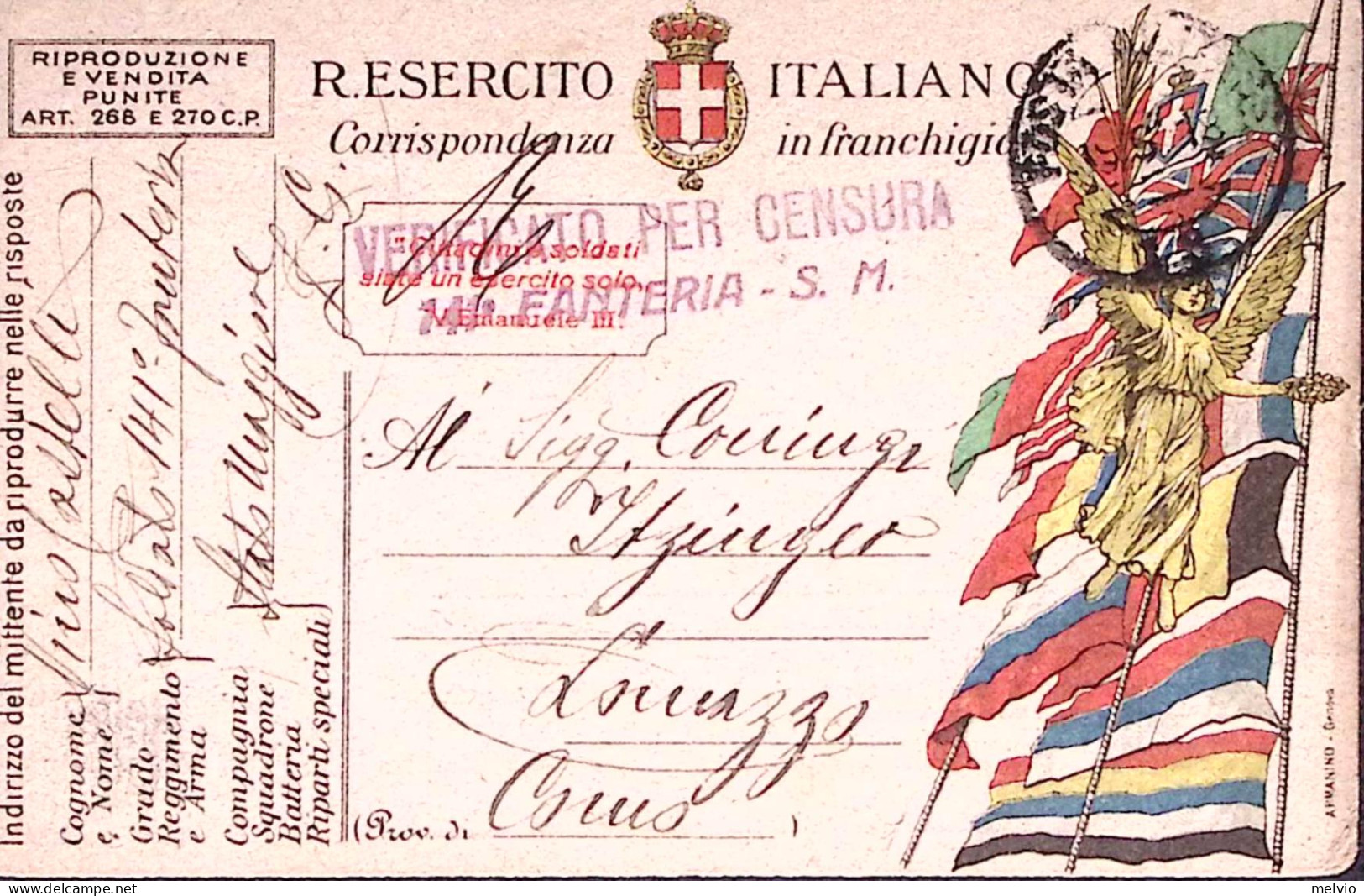 1918-Cartolina Franchigia Vittoria E Bandiere, ARMANINO Con Al Verso Frase . In  - Marcofilía