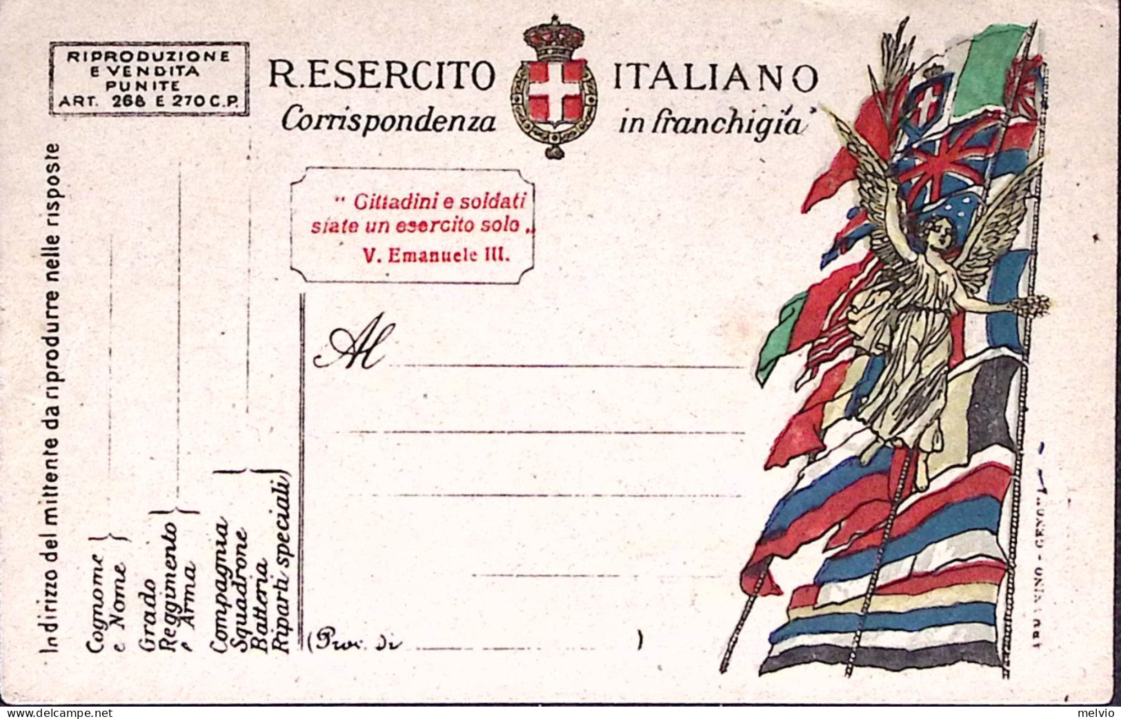 1918-Cartolina Franchigia Vittoria E Bandiere, ARMANINO-GENOVA Nuova - Marcophilie