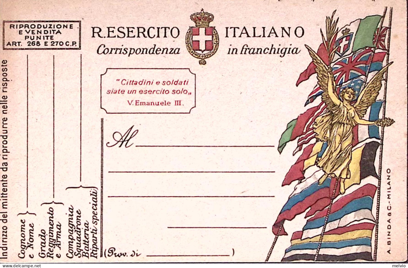 1918-Cartolina Franchigia Vittoria E Bandiere, A. BINDA Et C.-MILANO (mm. 29) Nu - Marcophilie
