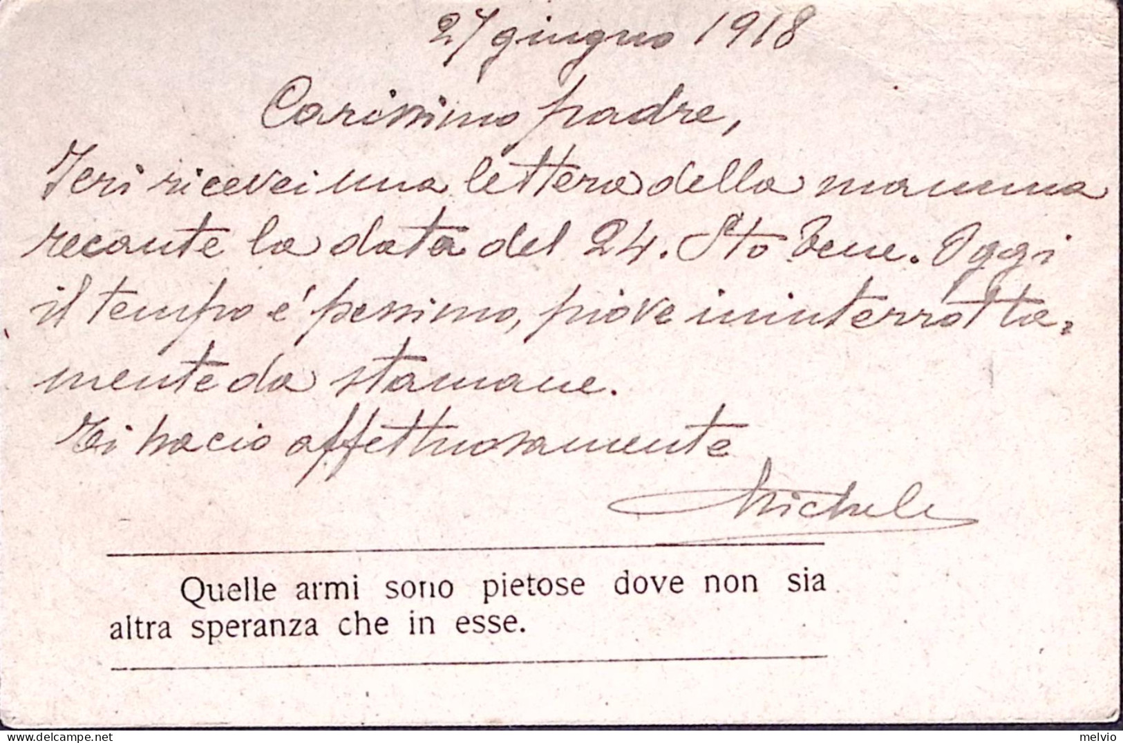 1918-Quelle Armi Sono Pietose . Frase Al Verso Cartolina Franchigia Ed A Binda-M - Marcophilie