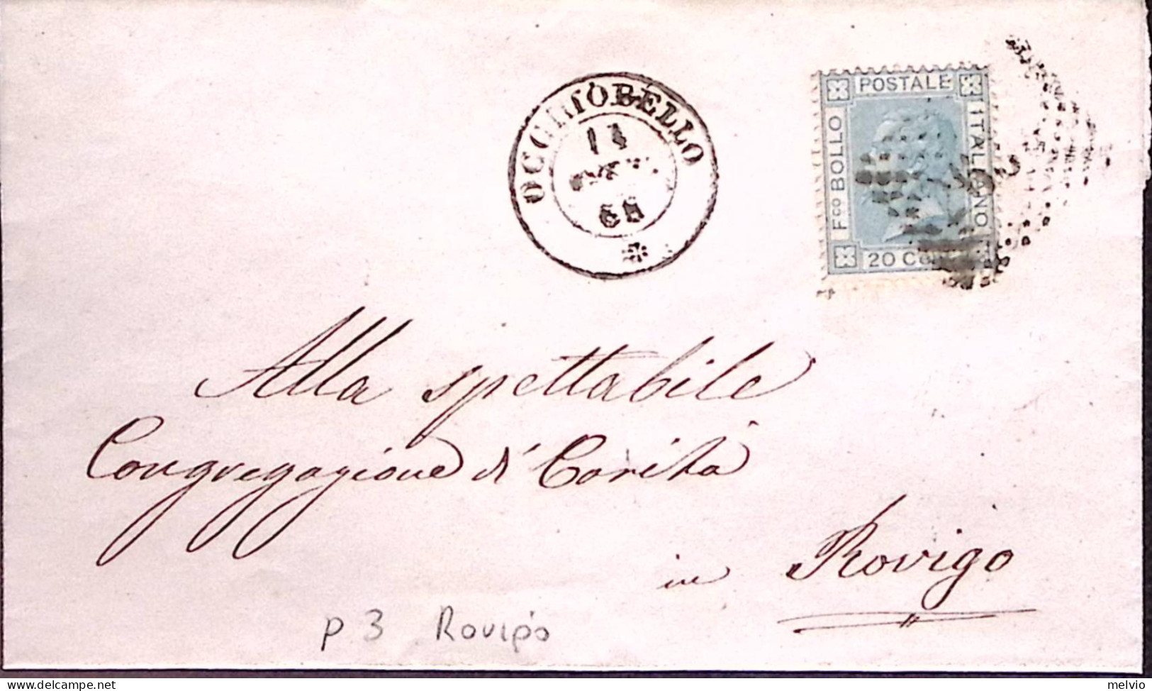 1868-OCCHIOBELLO C2+punti Su Soprascritta Affrancata Effigie C.20 - Poststempel