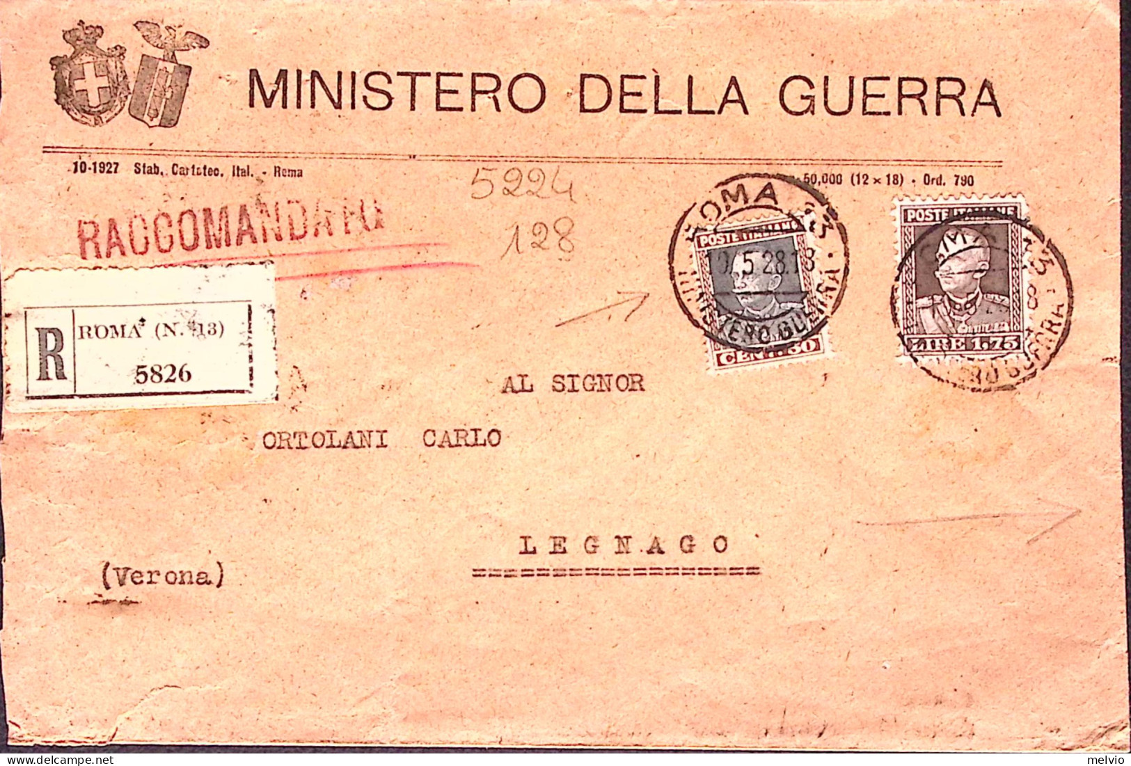 1928-EFFIGIE Lire 1,75 E C.50 Su Raccomandata Roma (19.5) - Marcofilía