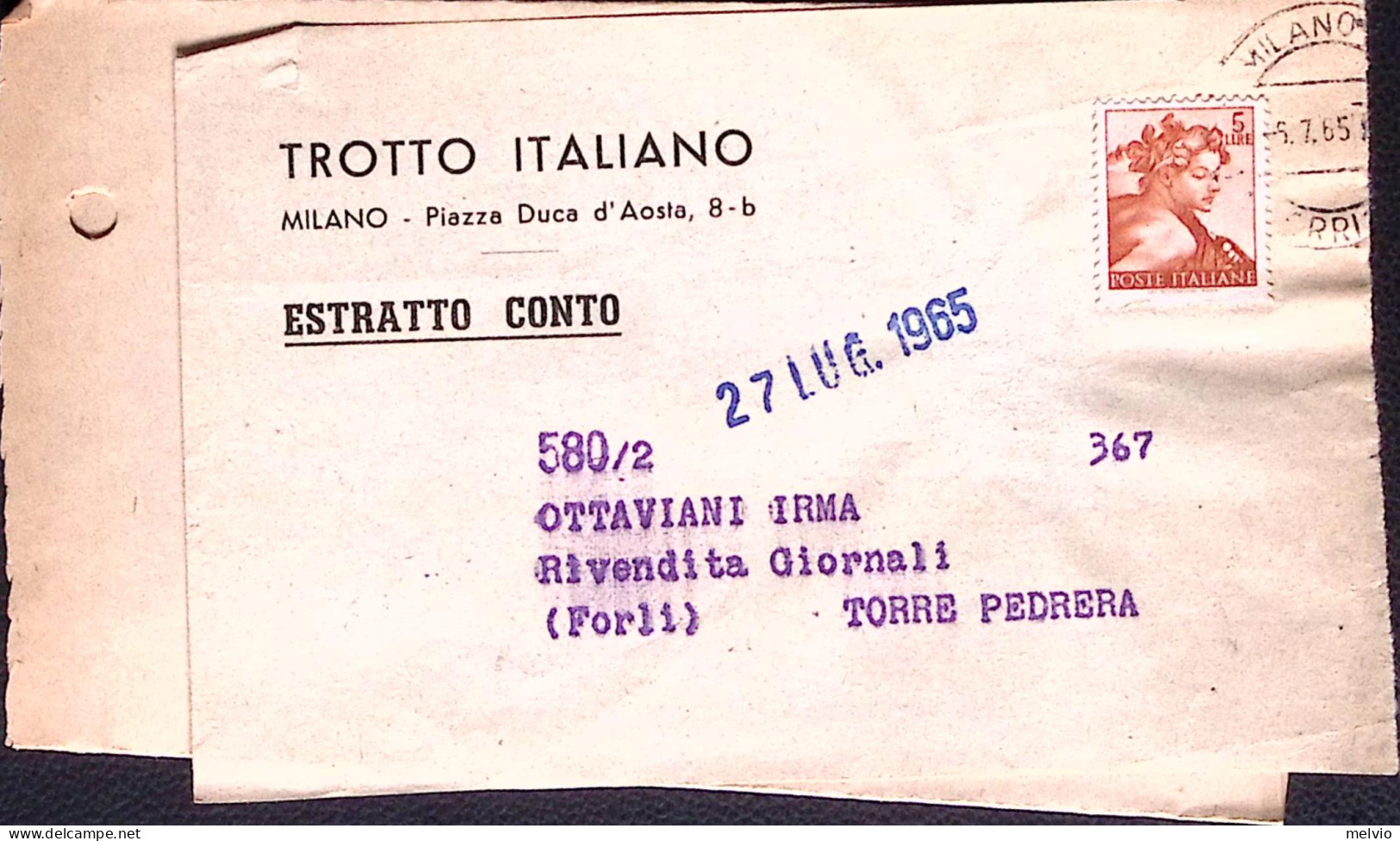 1965-MICHELANGIOLESCA Lire 5 Isolato Su Estratto Conto Giornali Milano (25.7) - 1961-70: Marcofilia