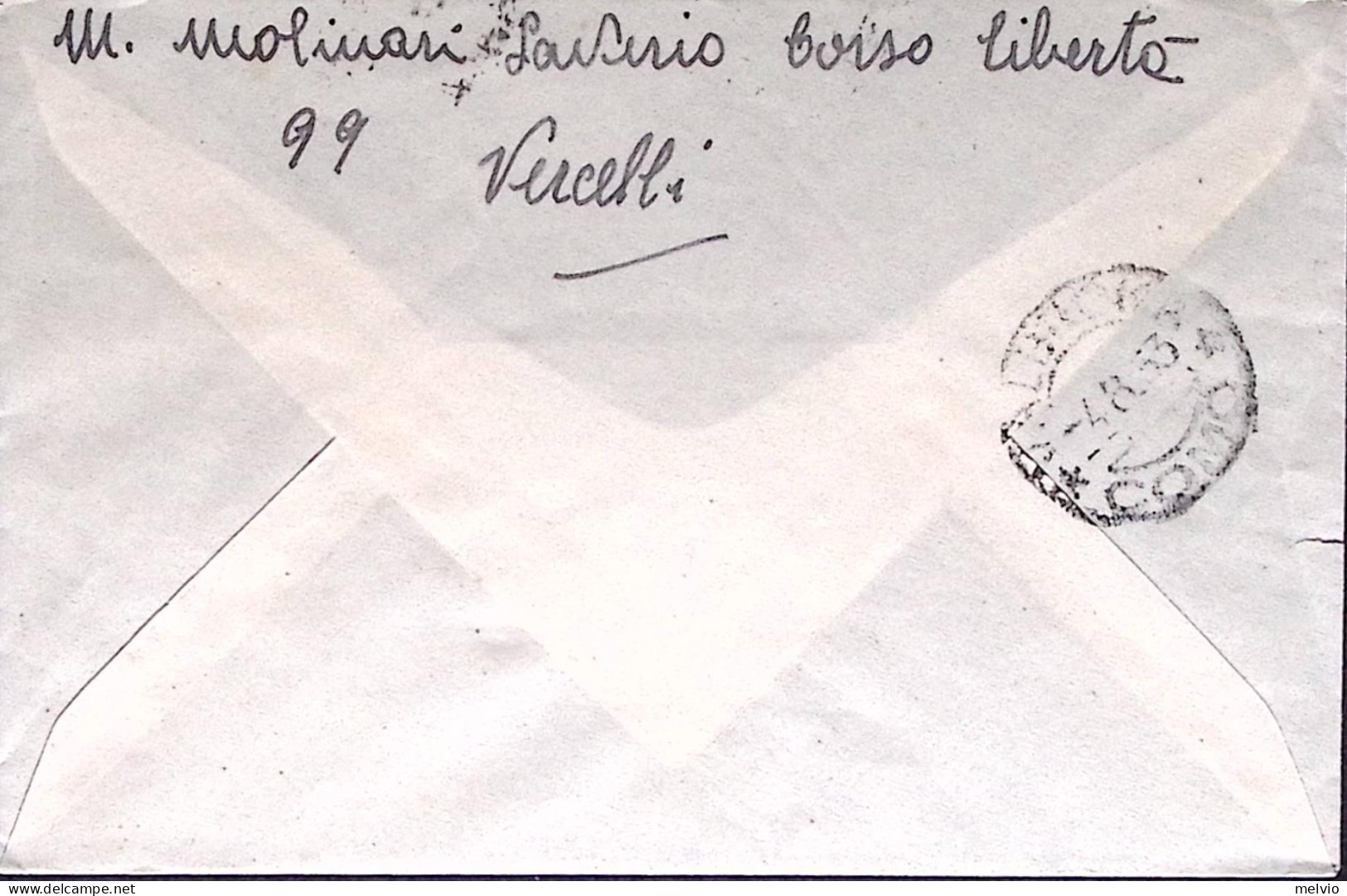 1953-ESPOSIZIONE AGRICOLTURA Lire 25 Isolato Su Busta Vercelli (3.8) - 1946-60: Marcophilie