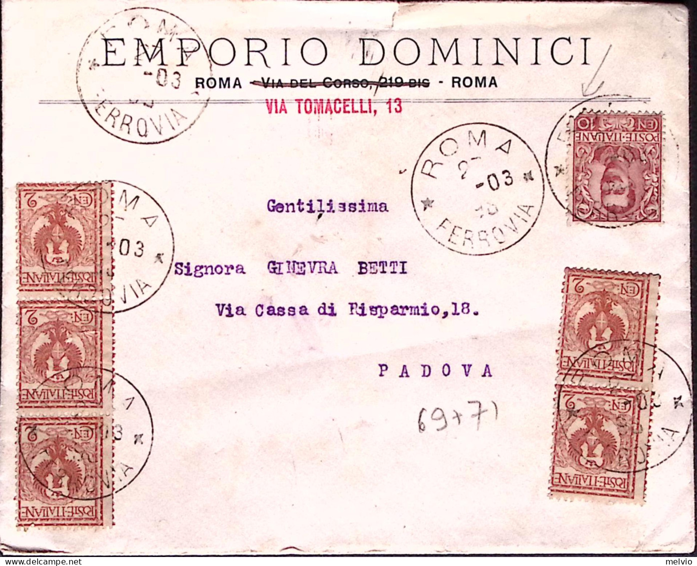 1903-FLOREALE Coppia E Striscia Tre C.1 + C.10 Su Busta Roma (22.1) - Marcofilía