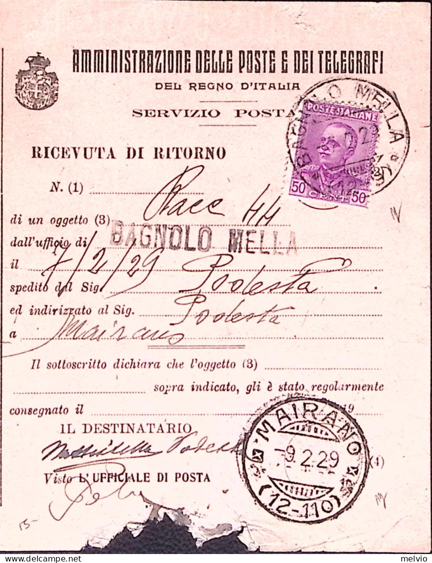 1929-EFFIGIE C,50 Su Avviso Ricevimento Mairano (9.2) - Marcophilia