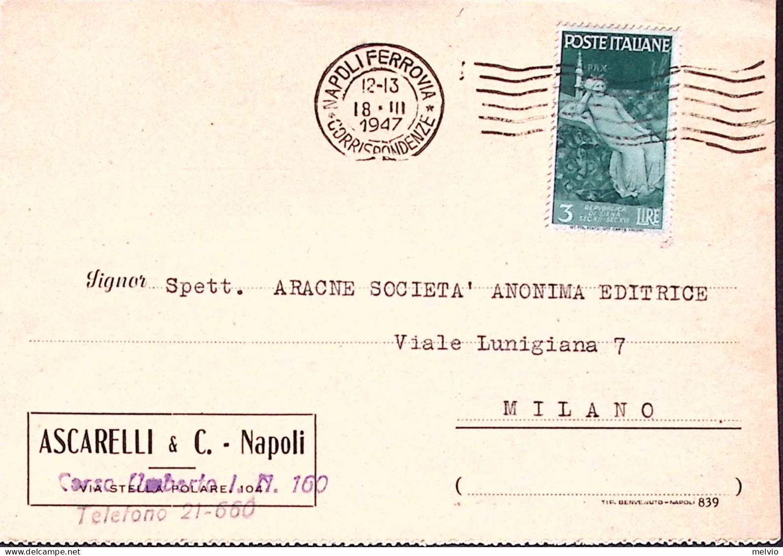 1947-REPUBBLICHE MEDIOEVALI Lire 3 Isolato Su Cartolina Napoli (18.3) - 1946-60: Marcophilie