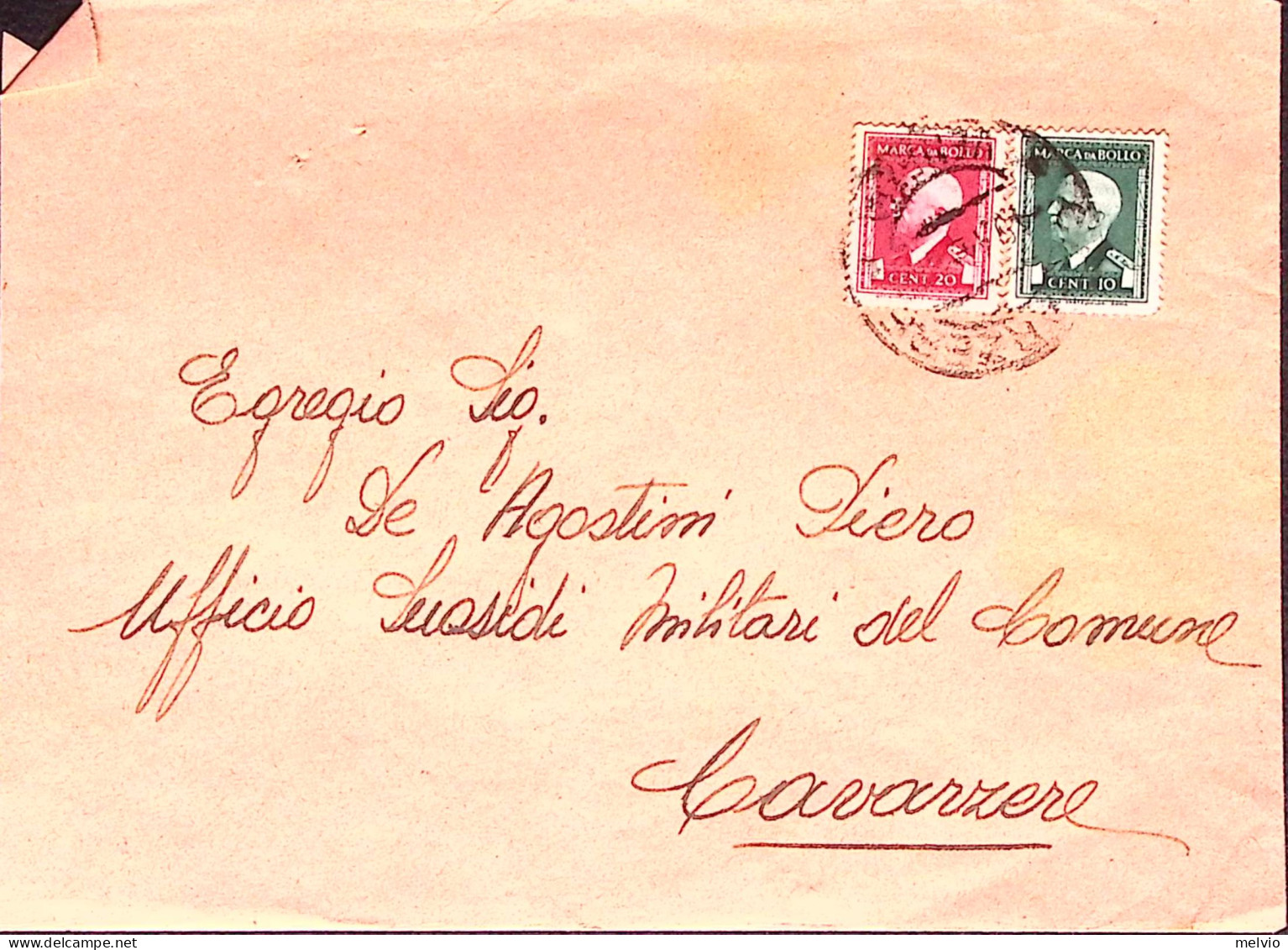 1944-MARCHE Da BOLLO C.10 E 20 Su Busta Cavarzere (1.5) Per Citta' - Storia Postale