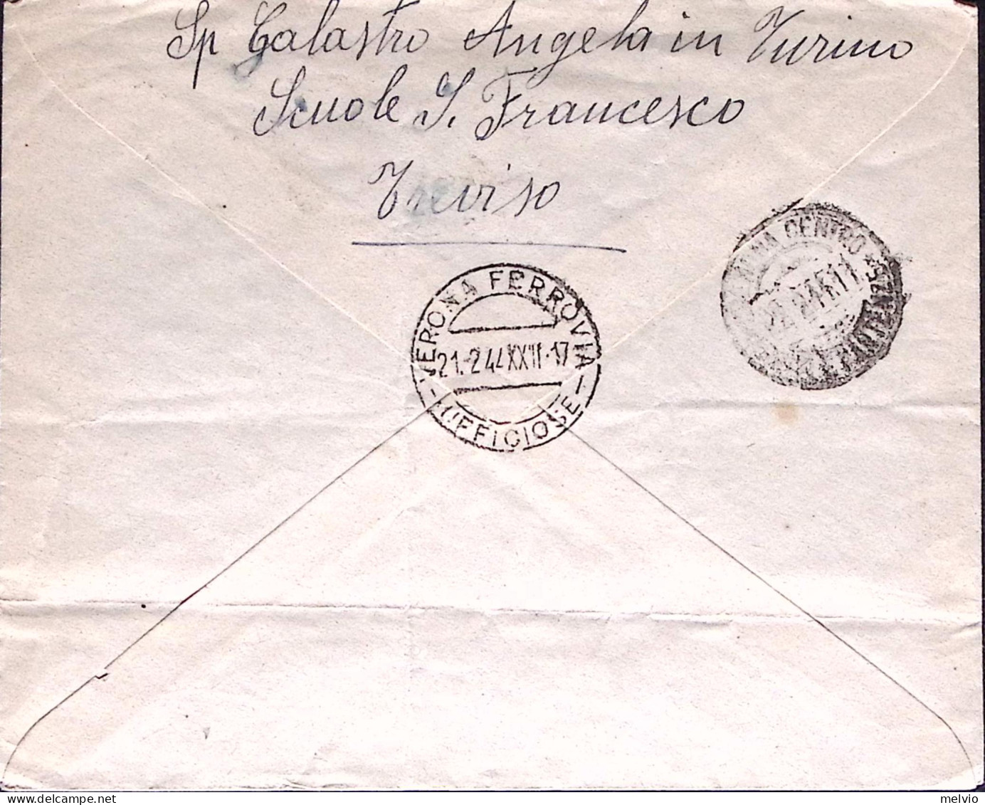 1944-VERONA FERROVIA/UFFICIOSE C2 (21.2) In Transito Al Verso Di Raccomandata Tr - Storia Postale