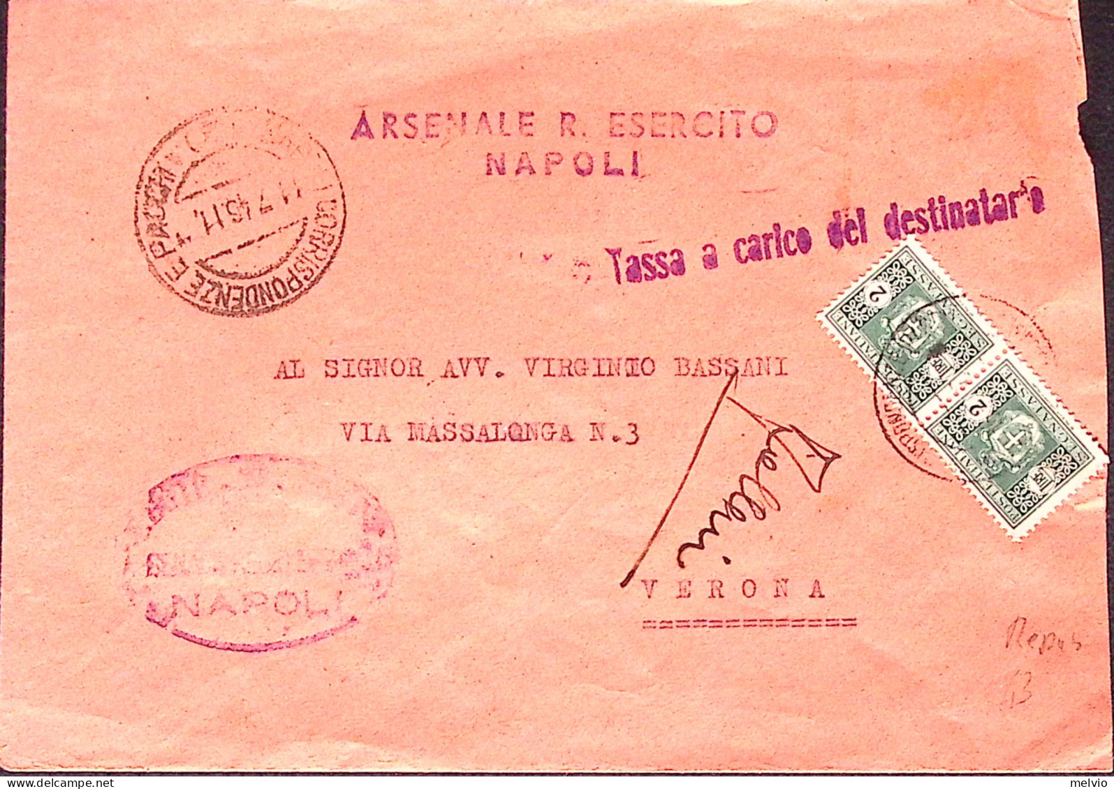 1945-SEGNATASSE Coppia Lire 2 Su Busta Tassa Carico Destinatario Verona (14.7) - Marcofilie