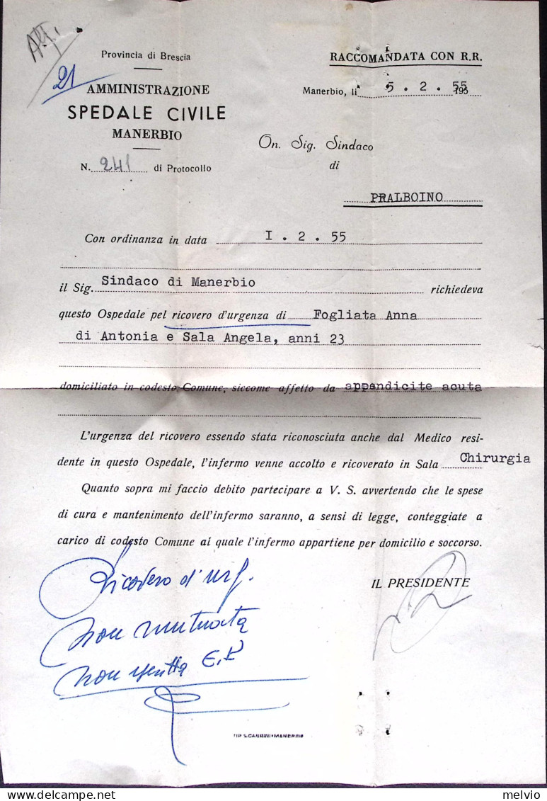 1955-ITALIA LAVORO Lire 60 Isolato Su Piego Raccomandato Manerbio (5.2) - 1946-60: Marcophilie