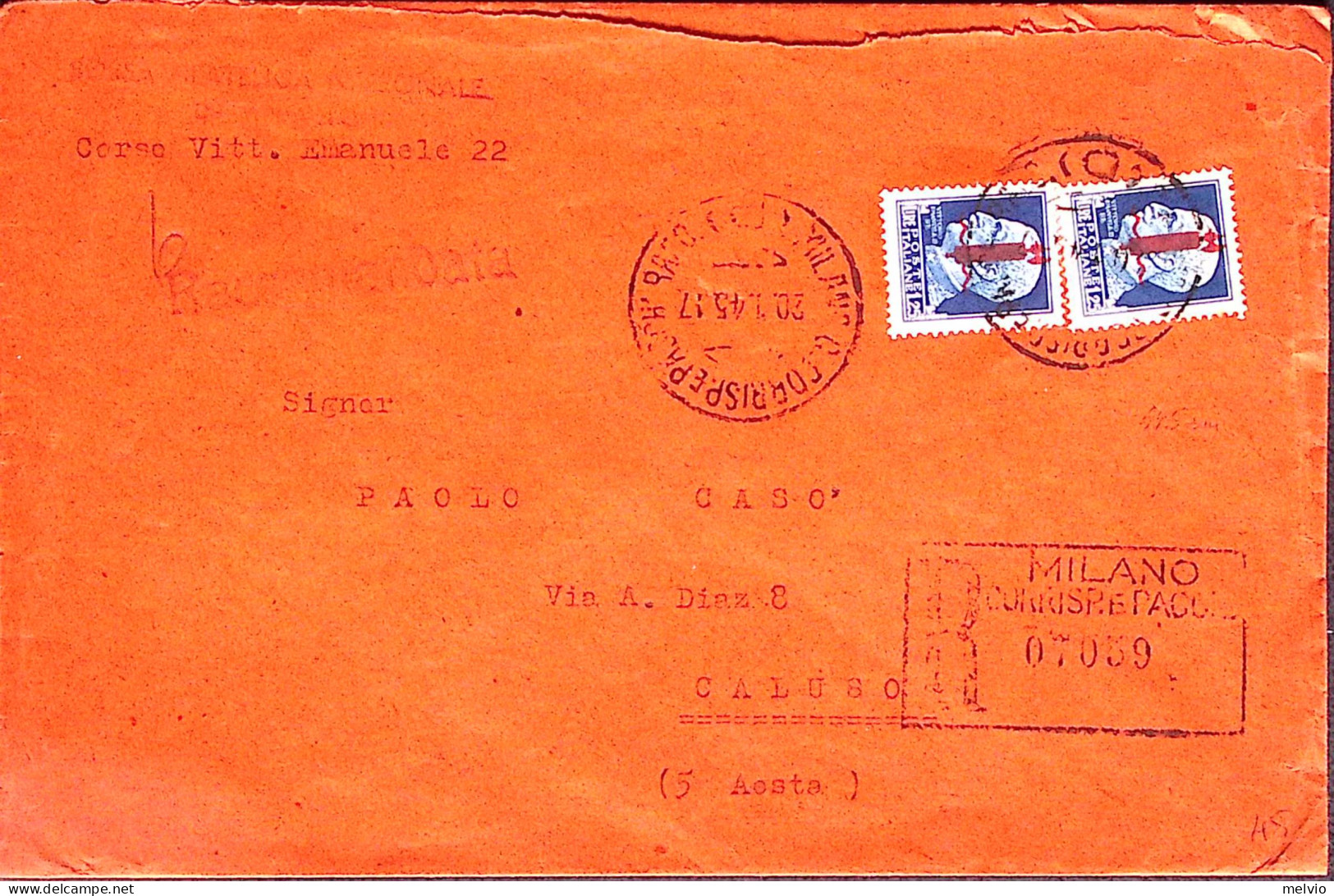 1945-IMPERIALE Sopr Coppia Lire 1,25 Su Raccomandata Milano (30.1) - Poststempel