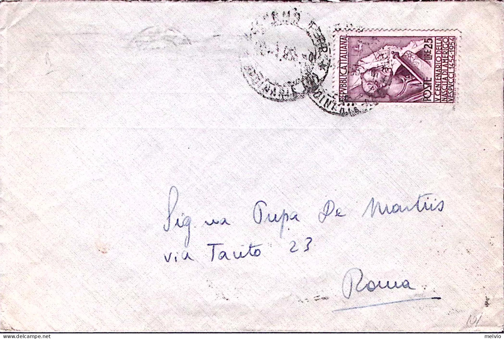 1955-VESPUCCI Lire 25 Isolato Su Busta - 1946-60: Storia Postale