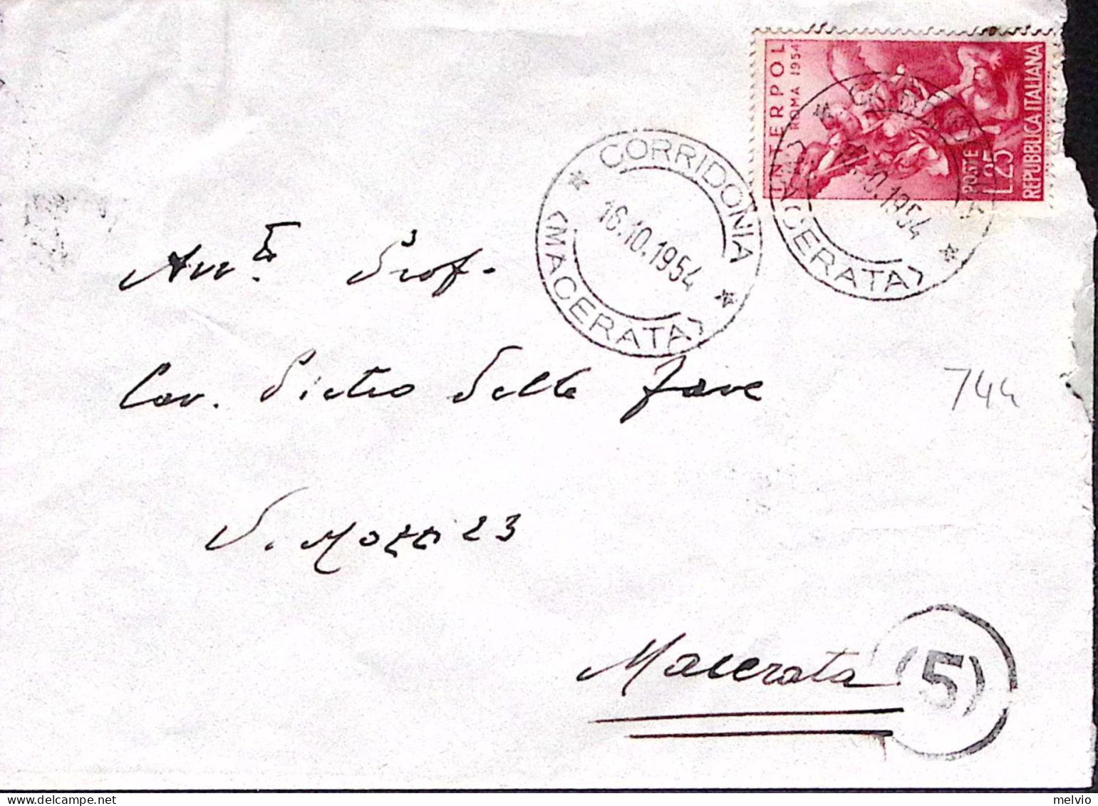 1954-INTERPOL £25 Isolato Su Busta Corridonia (16.10) - 1946-60: Marcophilie
