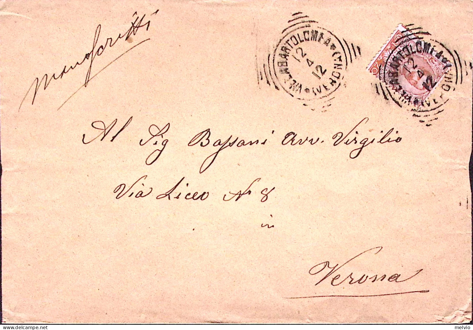 1912-VILLA BARTOLOMEA Tondo Riquadrato (12.4) Su Busta Affrancata Effigie C.20 - Poststempel