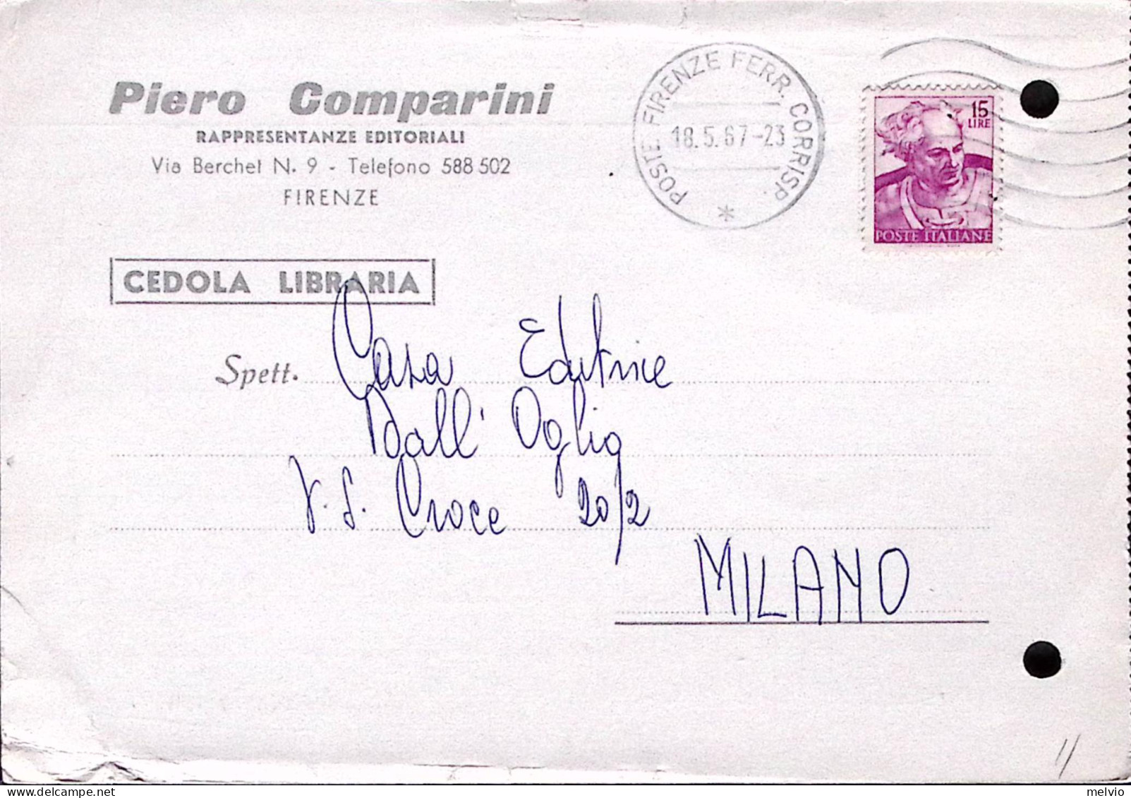 1967-MICHELANGIOLESCA Lire 15 Isolato Su Cedola Commissione Libraria Firenze (18 - 1961-70: Poststempel