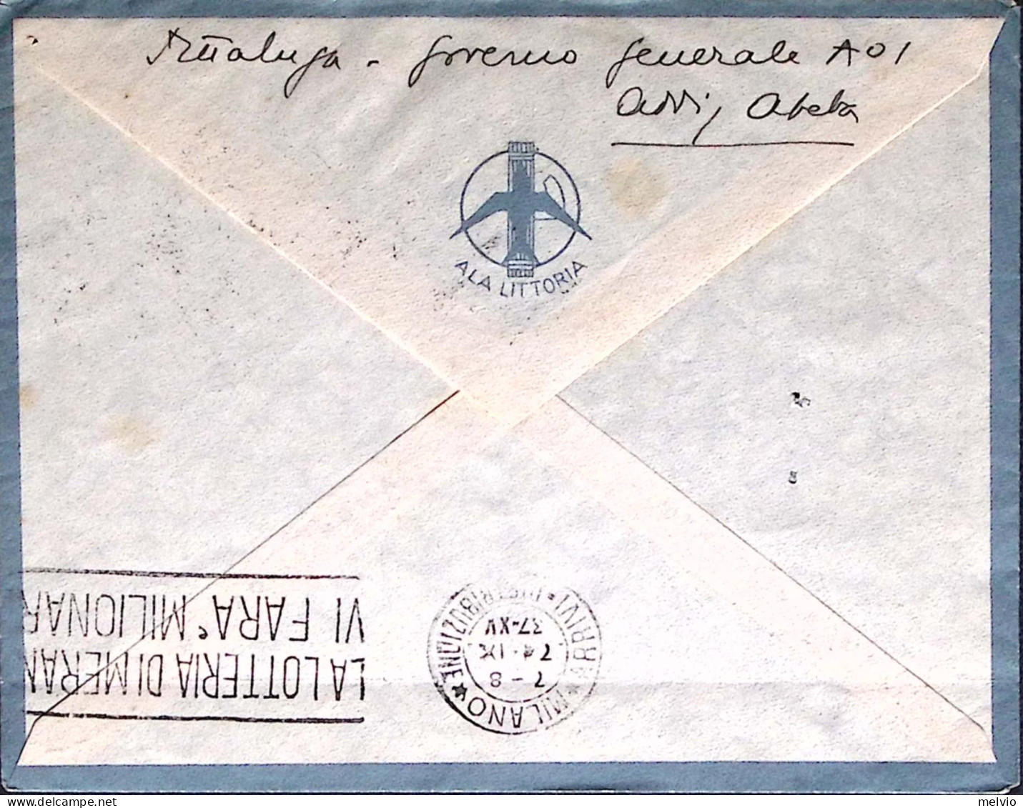 1937-ERITREA POSTA Aerea Striscia 3 C.50 Su Busta Via Aerea Addis Abeba (31.8) - Eritrea