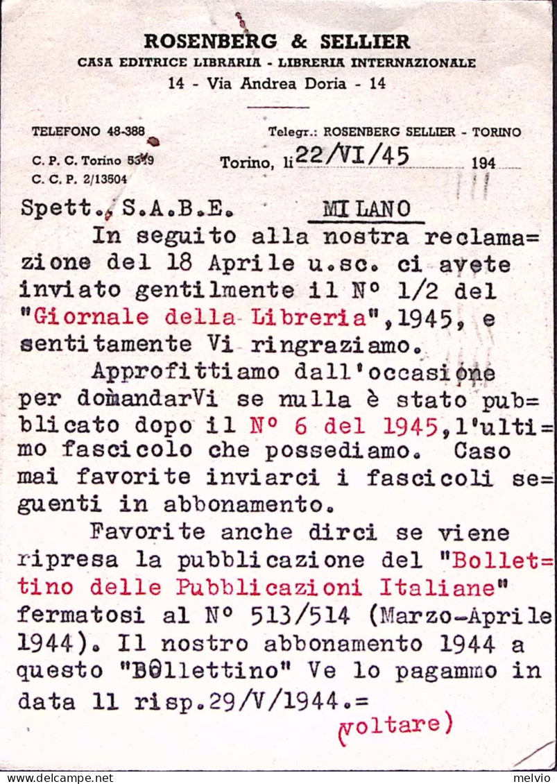 1945-IMPERIALE S.F. C.50 Isolato Su Cartolina Torino (23.6) Tariffa R.S.I. Tolle - Marcofilie