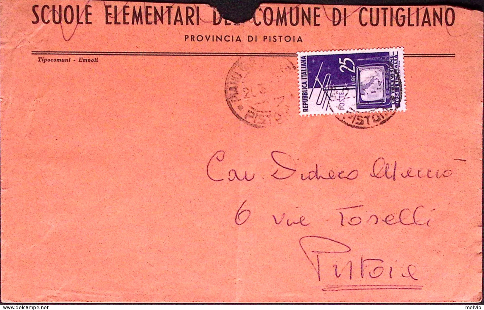 1954-TELEVISIONE Lire 25 Isolato Su Busta Cutiglia - 1946-60: Poststempel