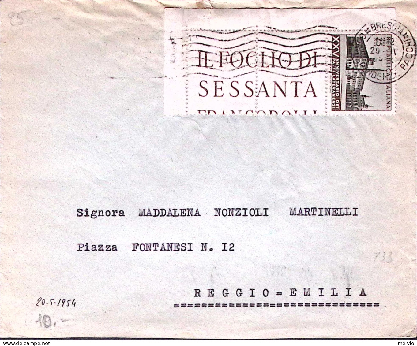 1954-PATTI LATERANENSI Lire 25 Isolato Su Busta Brescia (27.11) - 1946-60: Storia Postale