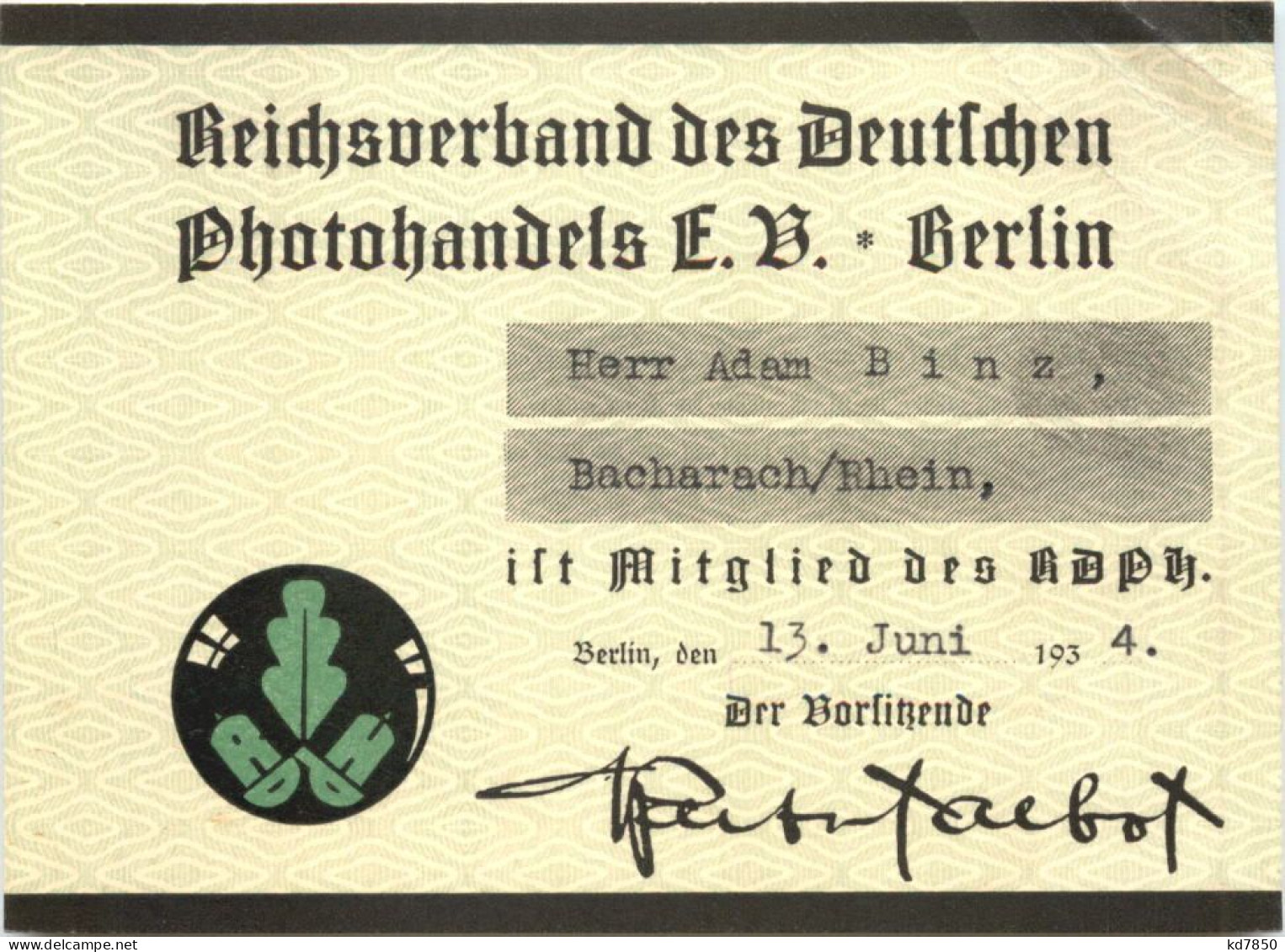 Berlin - Mitgliedskarte Reichsverband Des Deutschen Photohandels Bacharach - Bacharach