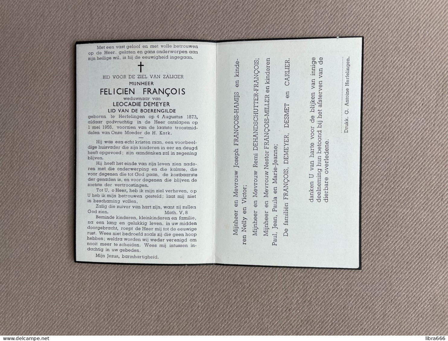 FRANÇOIS Felicien °HERFELINGEN 1873 +HERFELINGEN 1956 - DEMEYER - DESMET - CARLIER - HAMIJS - DEHANDSCHUTTER - MILLER - Todesanzeige