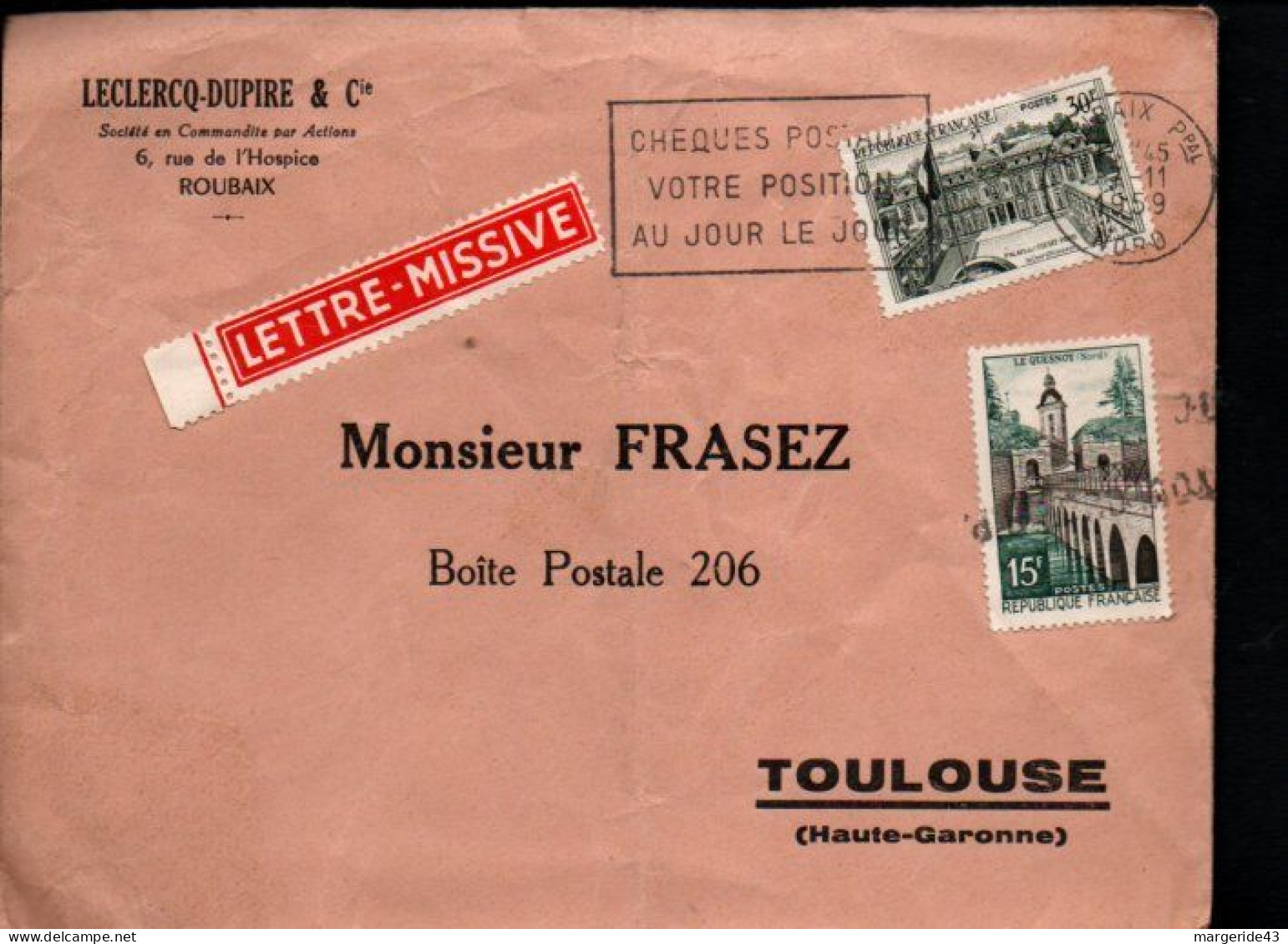 AFFRANCHISSEMENT COMPOSE SUR LETTRE MISSIVE DE ROUBAIX POUR TOULOUSE 1959 - Tarifs Postaux