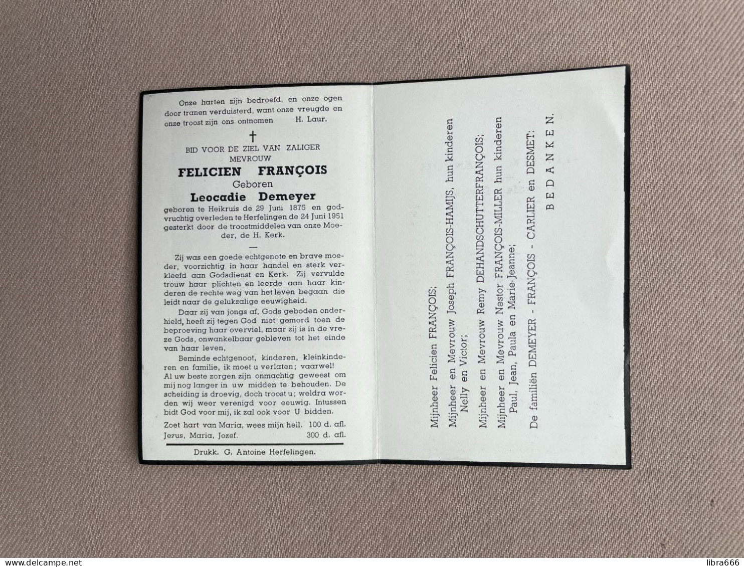 FRANÇOIS Felicien °HEIKRUIS 1875 +HERFELINGEN 1951 - DEMEYER - CARLIER - DESMET - HAMIJS - DEHANDSCHUTTER - MILLER - Todesanzeige