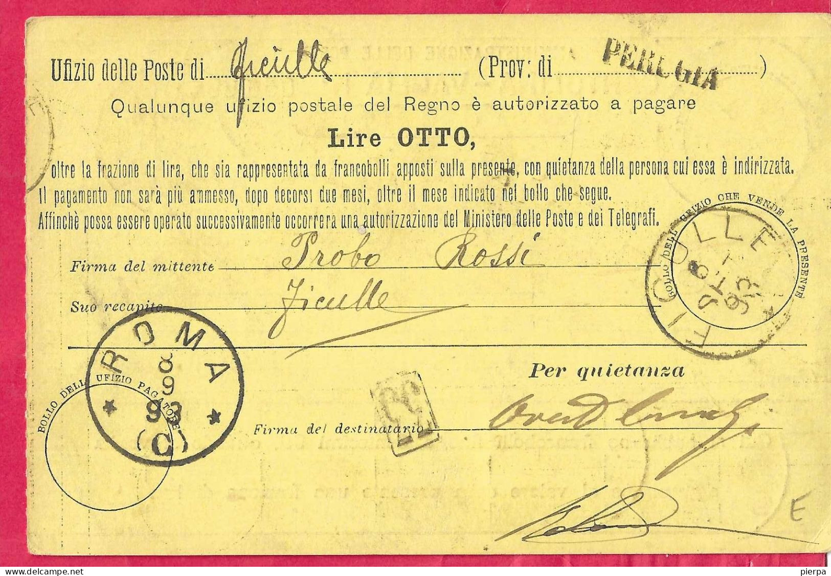 INTERO CARTOLINA-VAGLIA UMBERTO C.15 DA LIRE 8 (+C.20X3) (CAT. INT.12) -DA FICULLE *7.SET.93* PER ROMA - Entiers Postaux