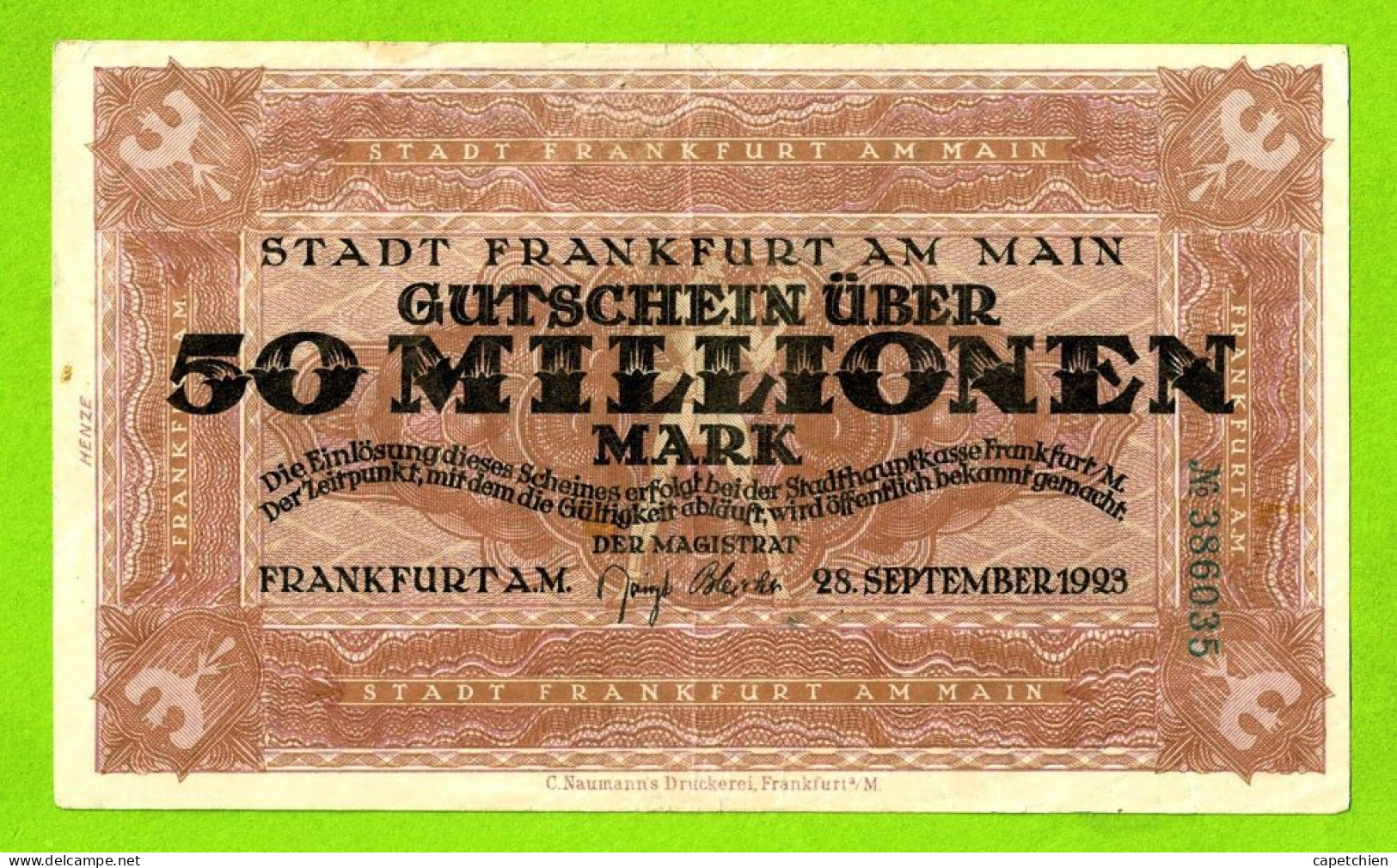 ALLEMAGNE / NOTGELD Der STADT FRANKFURT Am MAIN / 50 MILLIONEN MARK /  N° 386035 / 28 SEPTEMBRE 1923 - Lokale Ausgaben