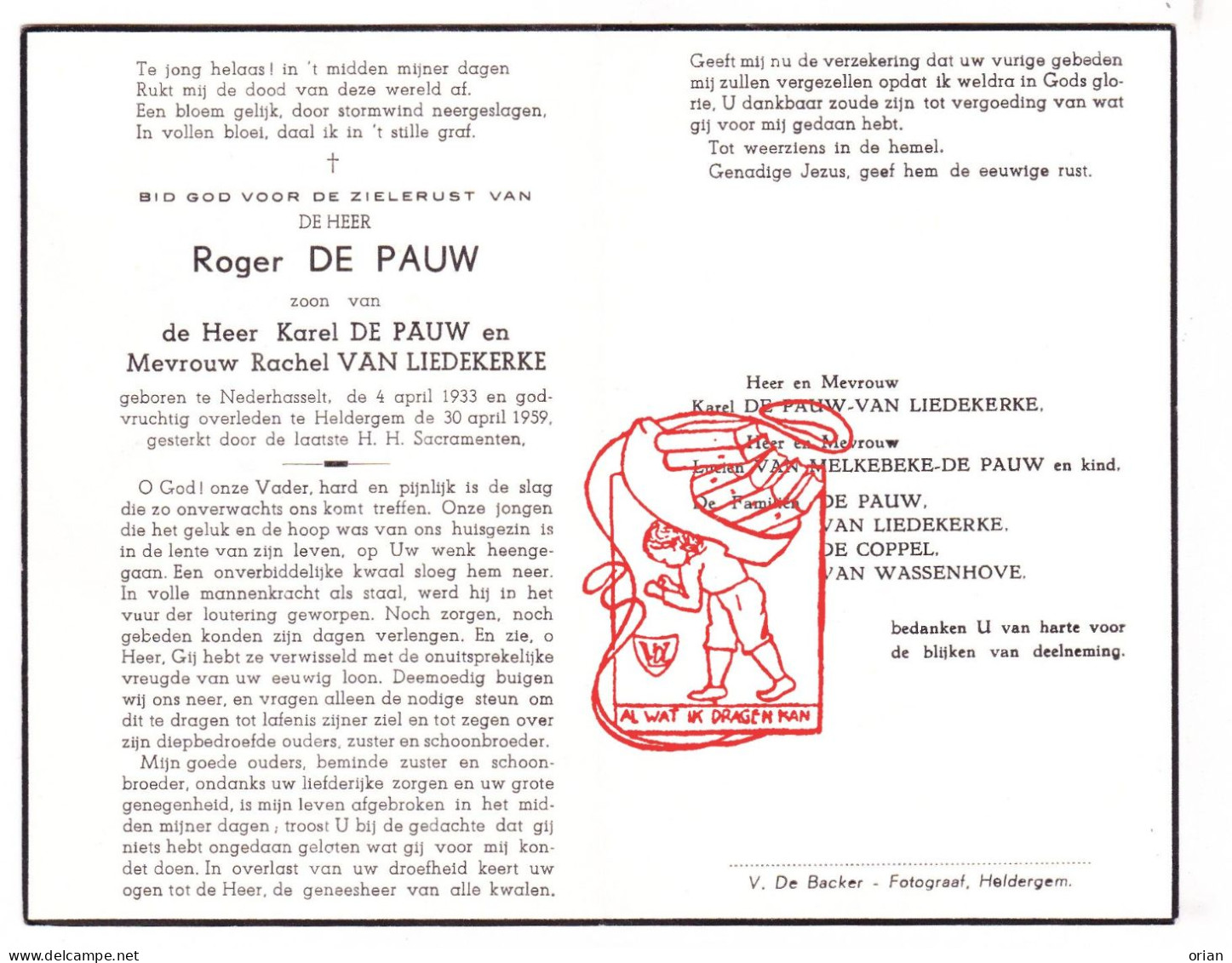 DP Roger De Pauw / Van Liedekerke 26j. ° Nederhasselt Ninove 1933 † Heldergem Haaltert 1959 Melkebeke Coppel Wassenhove - Devotion Images