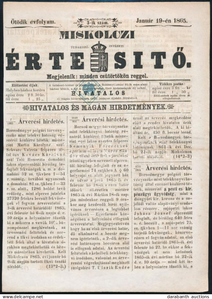 1865 Hírlapilleték 1kr Miskolczi Értesítőn - Autres & Non Classés