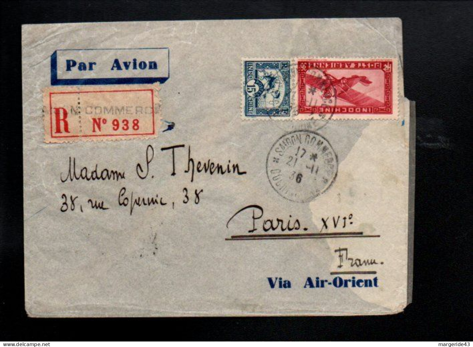 COCHINCHINE LETRE RECOMMANDEE DE SAIGON COMMERCE POUR LA FRANCE 1936 - Briefe U. Dokumente