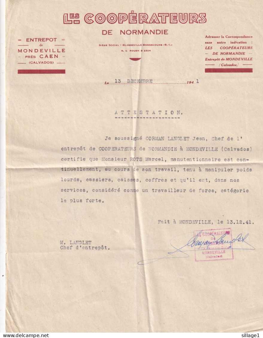 Mondeville (Calvados 14) WW2 ENTREPOT De MONDEVILLE - Les Coopérateurs De Normandie Attestation Du 13 DECEMBRE 1941 - 1900 – 1949