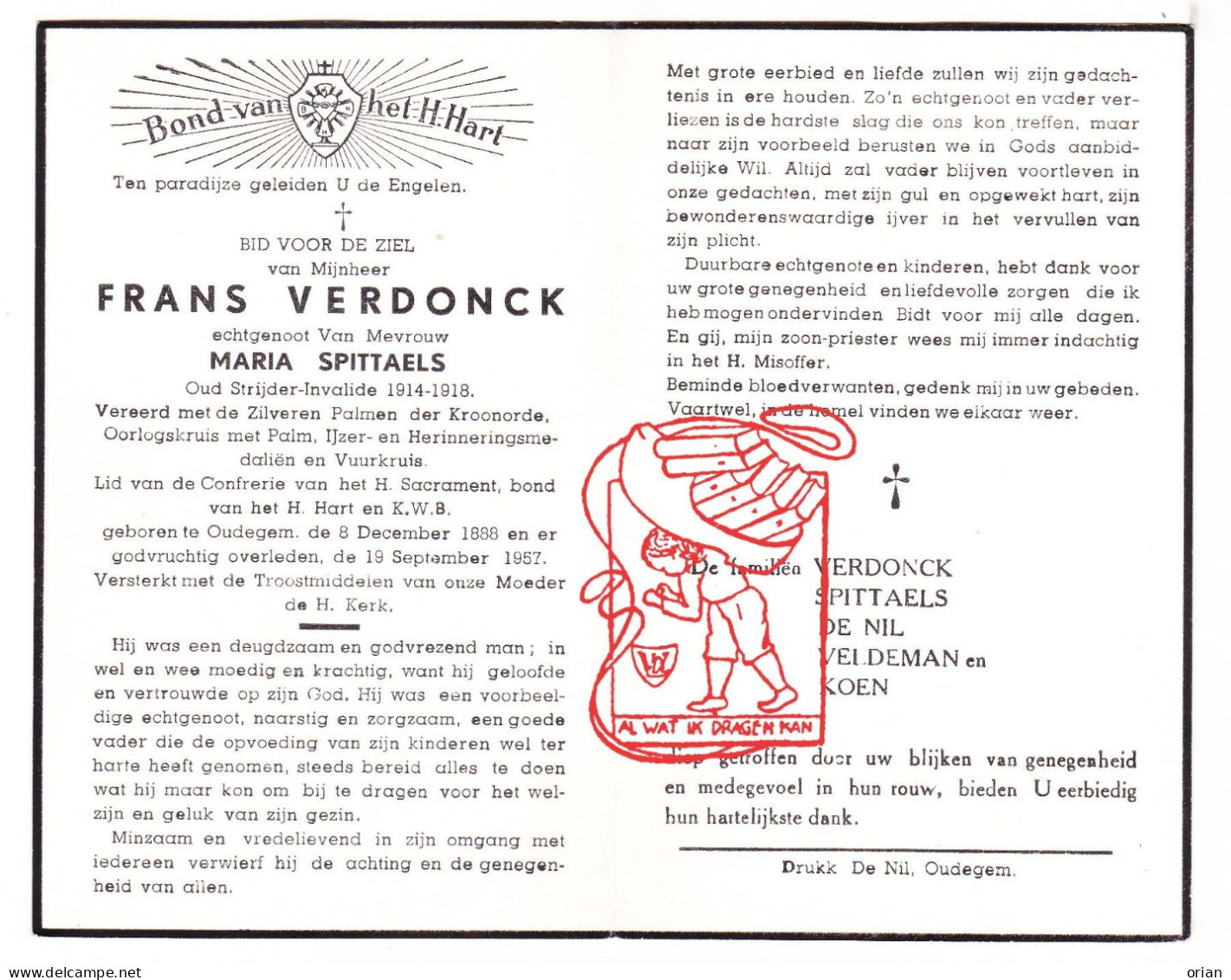 DP Frans Verdonck ° Oudegem Dendermonde 1888 † 1957 X Maria Spittaels // De Nil Veldeman Koen - Andachtsbilder