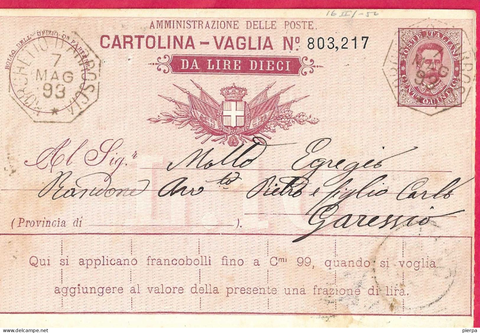 INTERO CARTOLINA-VAGLIA UMBERTO C.15 DA LIRE 10 (CAT. INT.7Ba) -ANNULLO TONDO RIQUADRATO"BORGHETTO D'ARROSCIA*3.MAG.93* - Stamped Stationery
