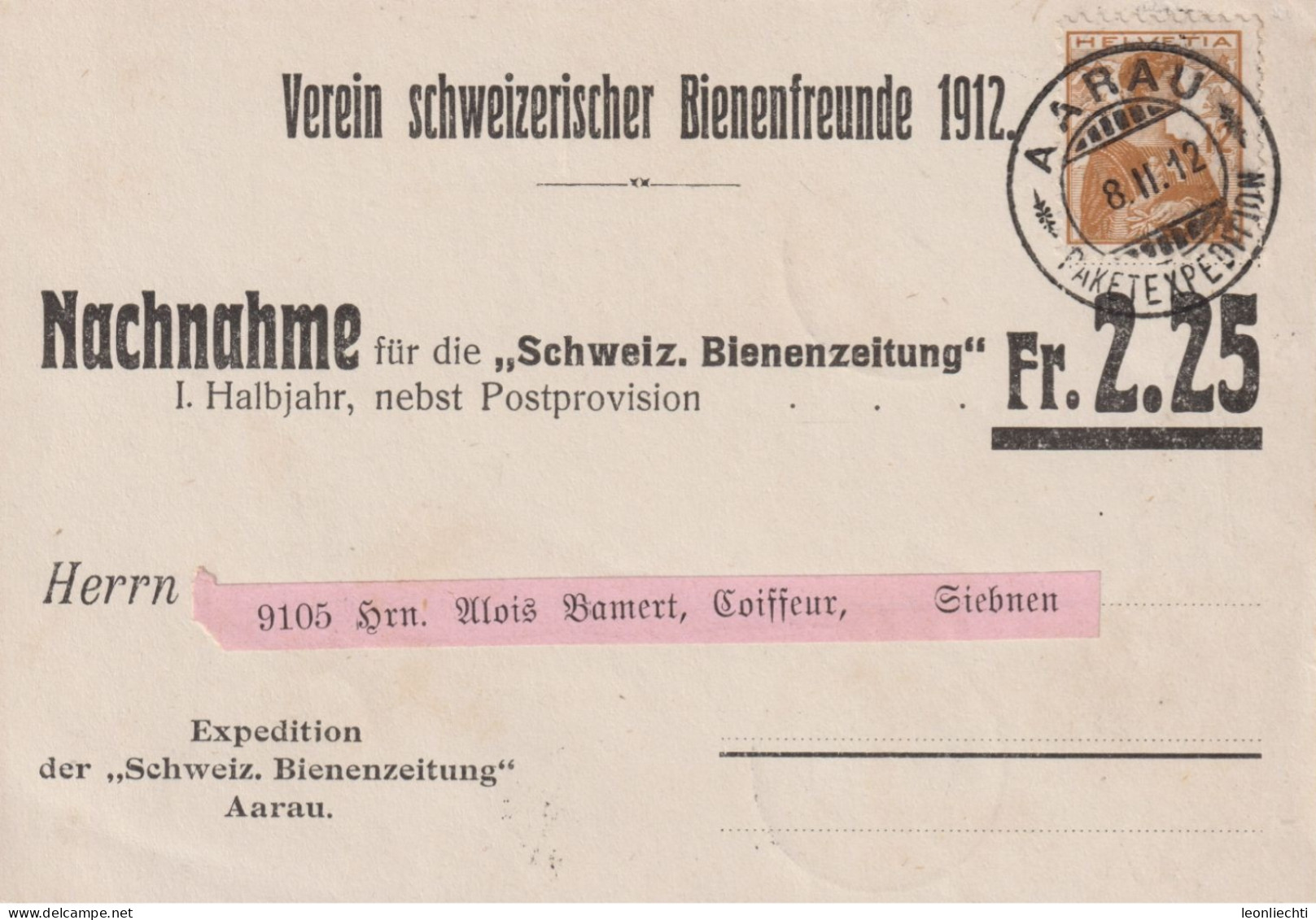 1910 Schweiz Geschäftskarte,  Zum:CH 121, Mi:CH 115, Verein Schweizerischer Bienenzüchter 1912, Bienenzeitung Aarau - Brieven En Documenten