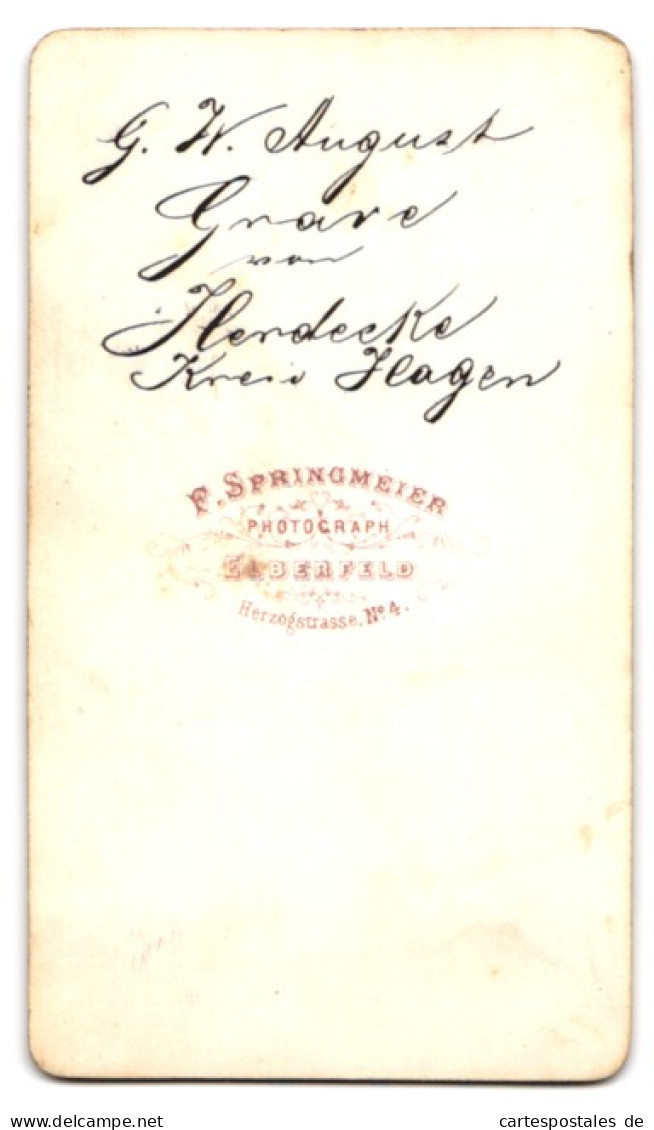 Fotografie F. Springmeier, Elberfeld, Herzogstr. 4, Portrait August Mit Oberlippenbart Im Anzug  - Anonyme Personen