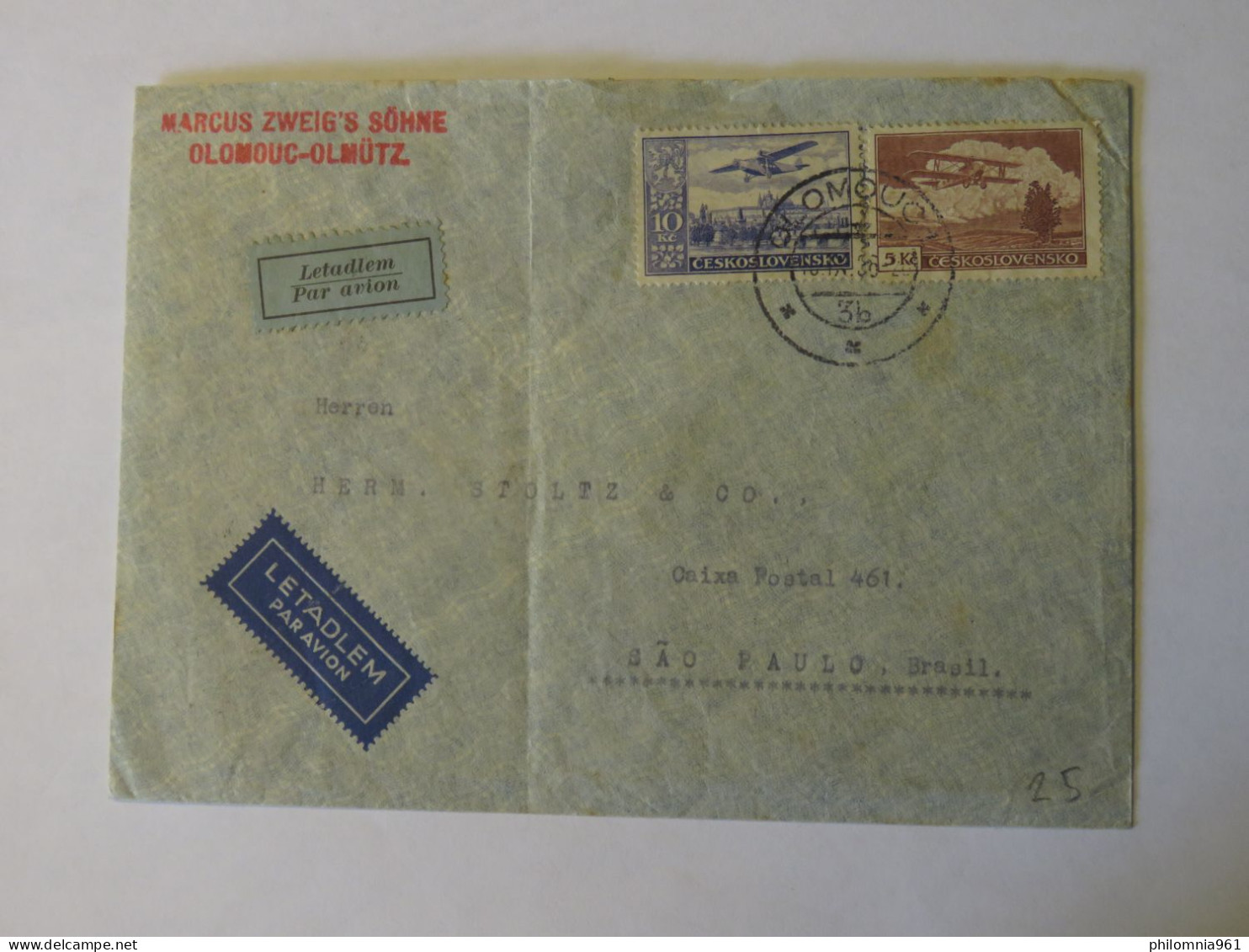 CZECHOSLOVAKIA  MARCUS ZWEIG"S SOHNE OLOMOUC - OLMUTZ AIRMAIL COVER TO UNITED STATES 1936 - Otros & Sin Clasificación