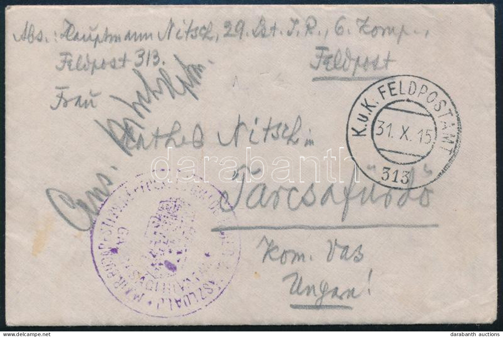 1915 Teljes Levél, Kézi Cenzúrával "K.u.K. FELDPOSTAMT 313" - Tarcsafürdő - Other & Unclassified