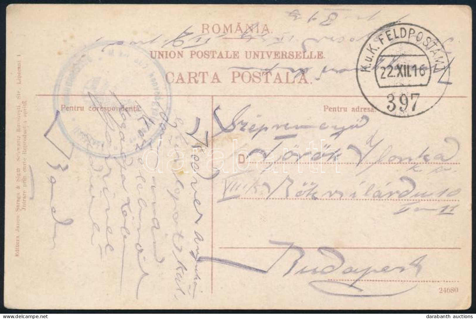 1916 Tábori Posta Képeslap, Halvány Honvéd Gyalogezred Zászlóalj Bélyegzés + "FP / 397" - Autres & Non Classés
