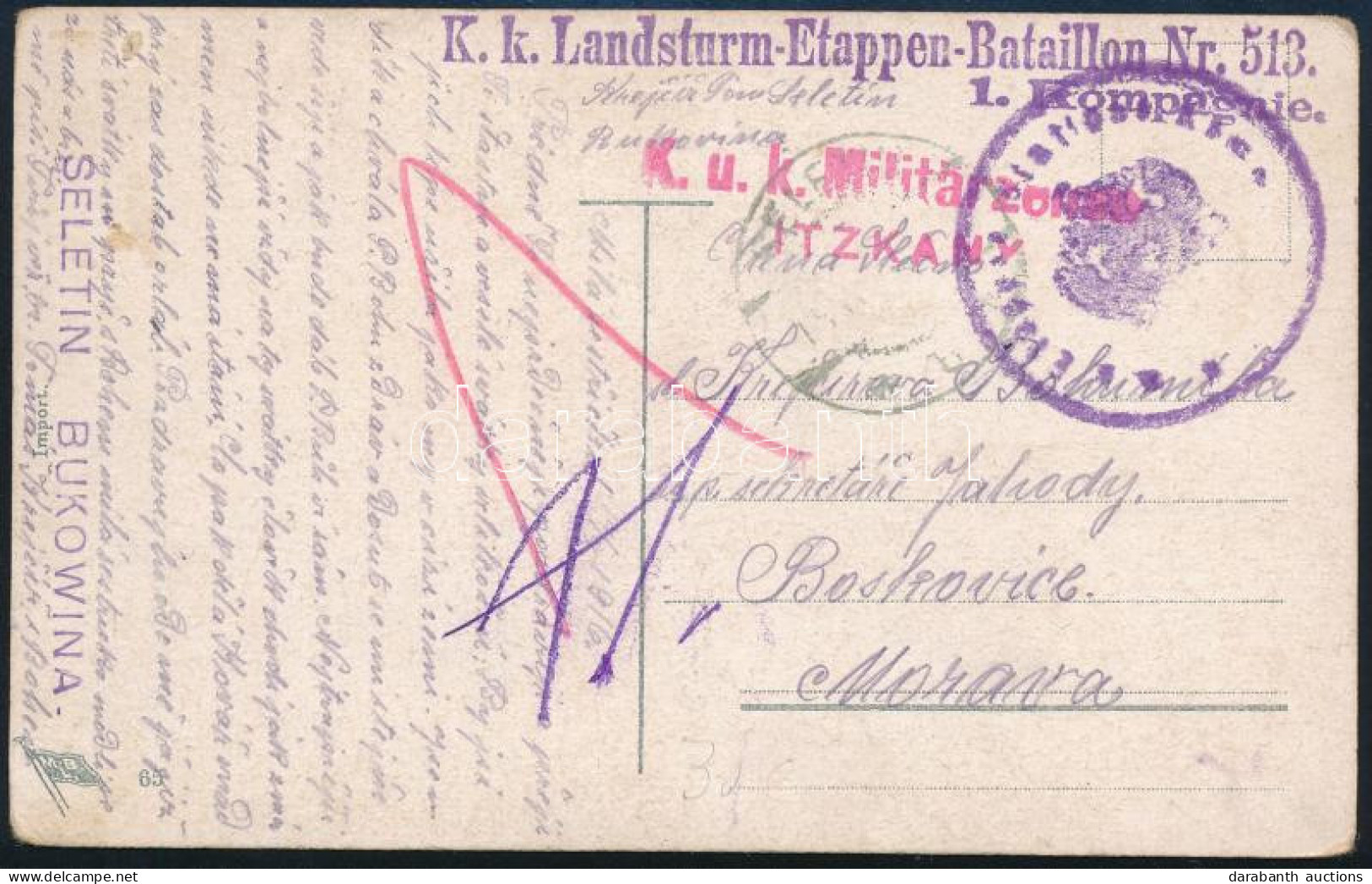 1916 Tábori Posta Képeslap, Lila "K.k. Landsturm-Etappen-Bataillon Nr. 513. 1. Kompagine" + Pink "K.u.k. Militärzensur I - Autres & Non Classés