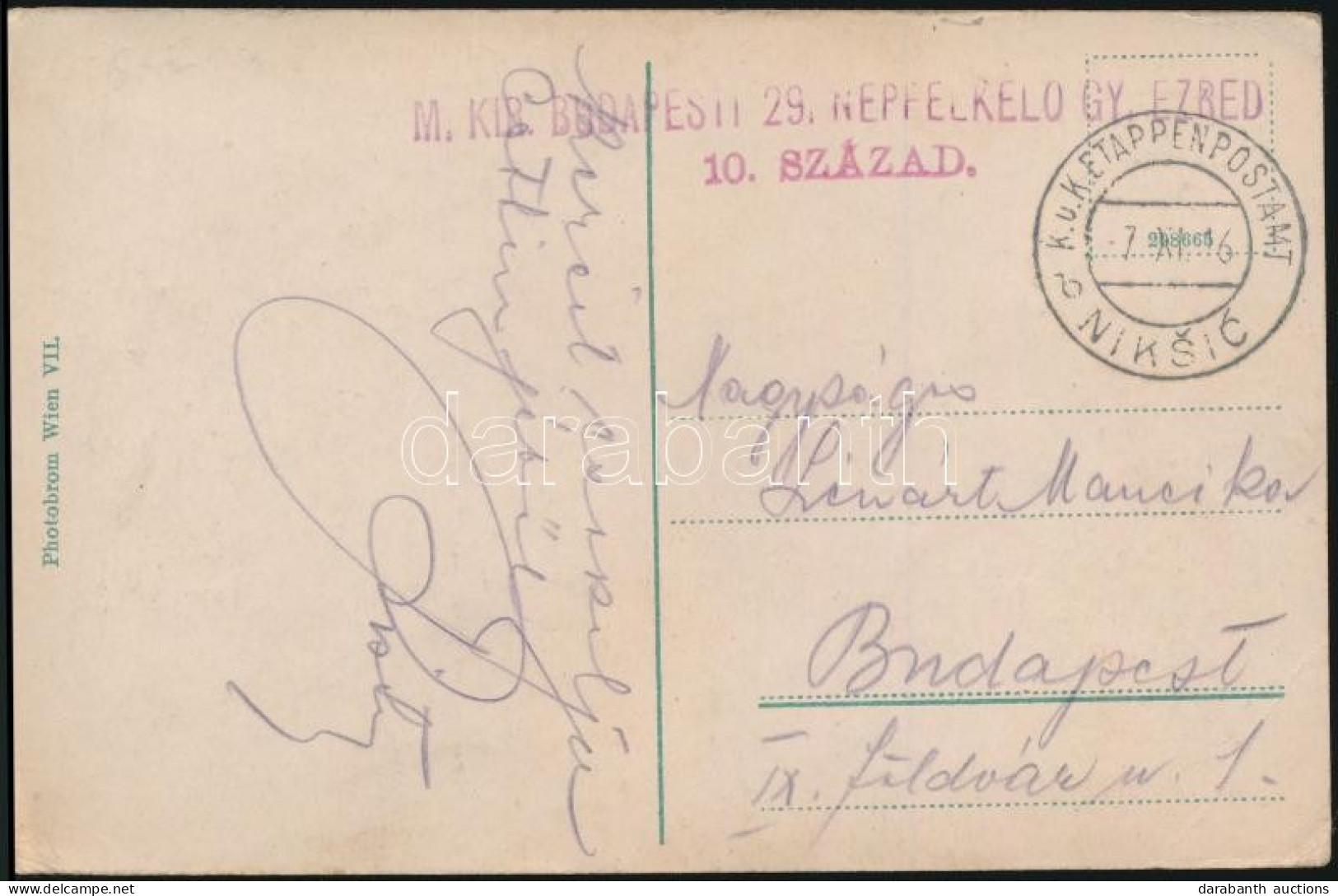 1916 Tábori Posta Képeslap / Field Postcard "M.KIR. BUDAPESTI 29. NÉPFELKELŐ GY.EZRED 10. SZÁZAD" + "EP NIKSIC B" - Other & Unclassified