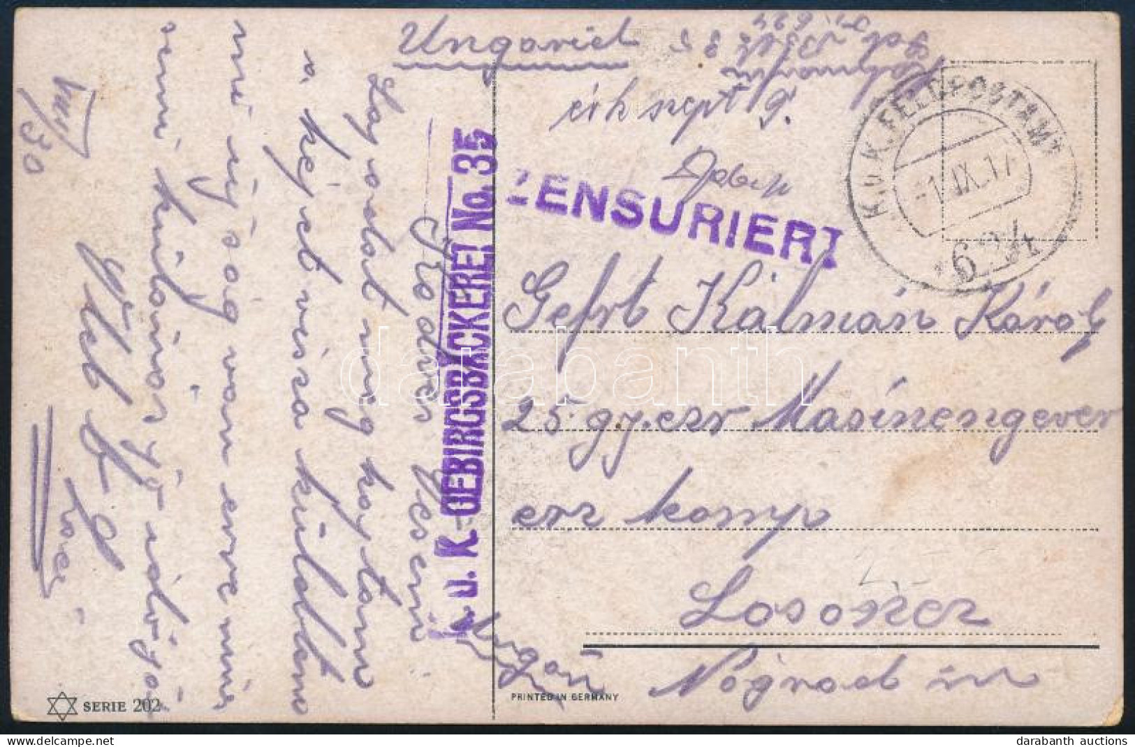 1917 Tábori Posta Képeslap, Lila "K.u.K. GEBIRGSBACKEREI No. 35" - Otros & Sin Clasificación