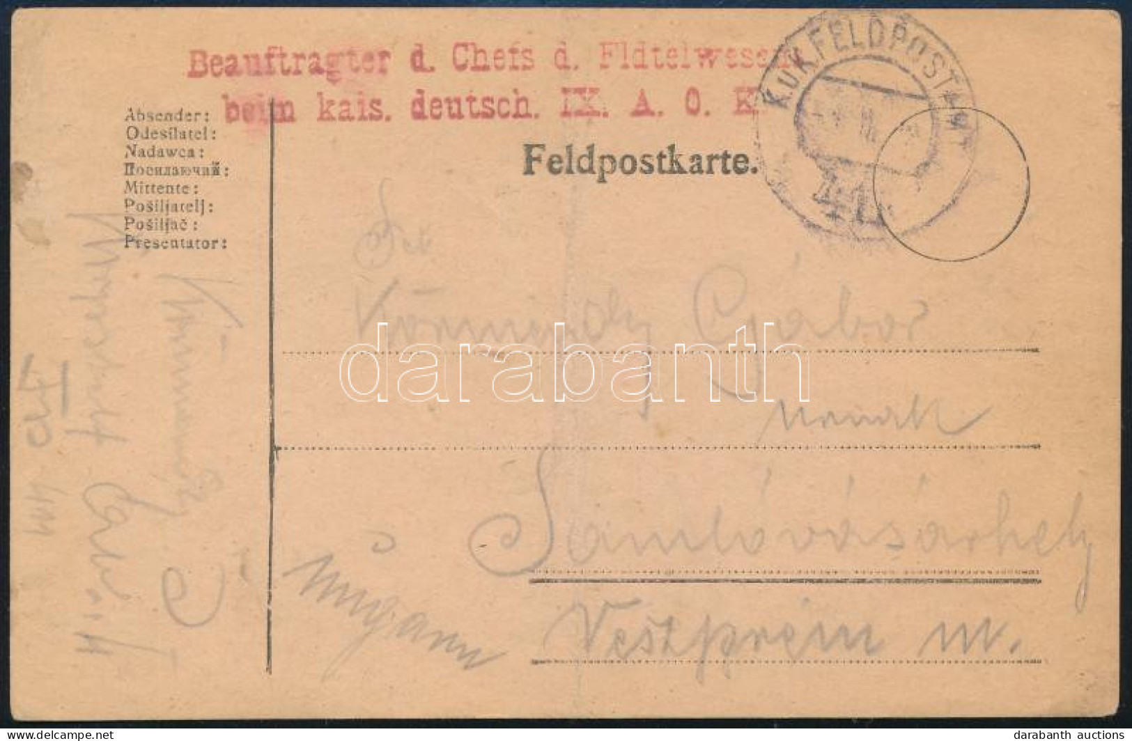 1918 Tábori Posta Levelezőlap Piros "Beauftragter D. Chefs D. ... IX. A. O. K" + "FP / 411" - Autres & Non Classés