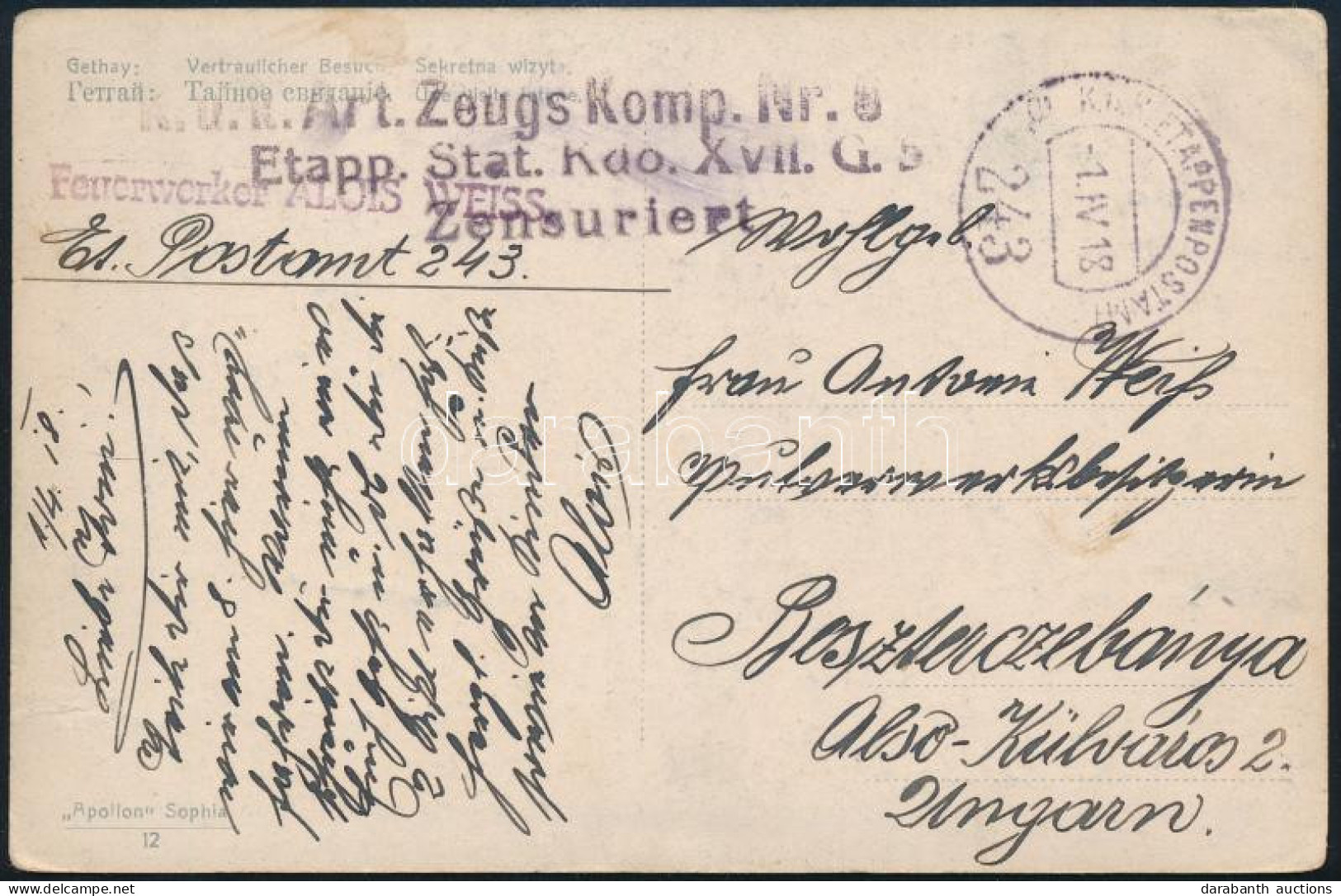 1918 Képeslap "K.u.k. Art.Zeugs Komp.Nr 8 Etapp.Stat. Kdo.XVII.G.5" + EP / 243" - Other & Unclassified
