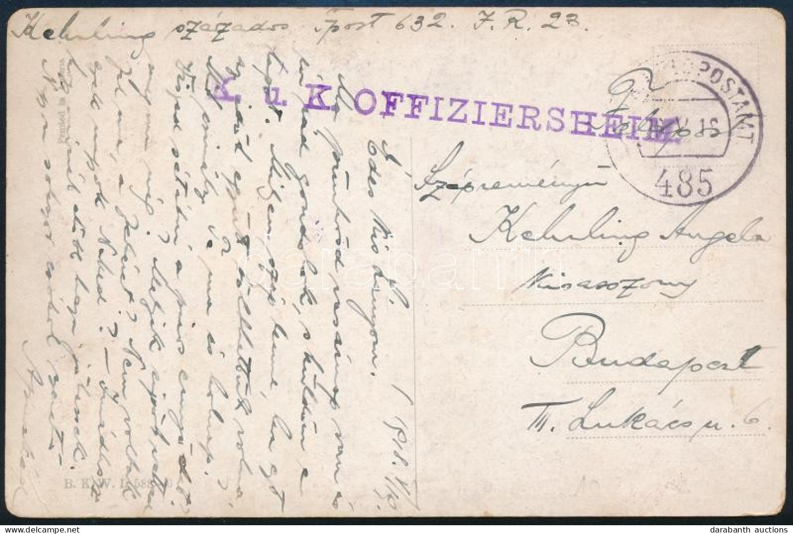 1918 Tábori Posta Képeslap , Lila "K.u.K. OFFIZIERSHEIM." + "FP / 485" - Autres & Non Classés