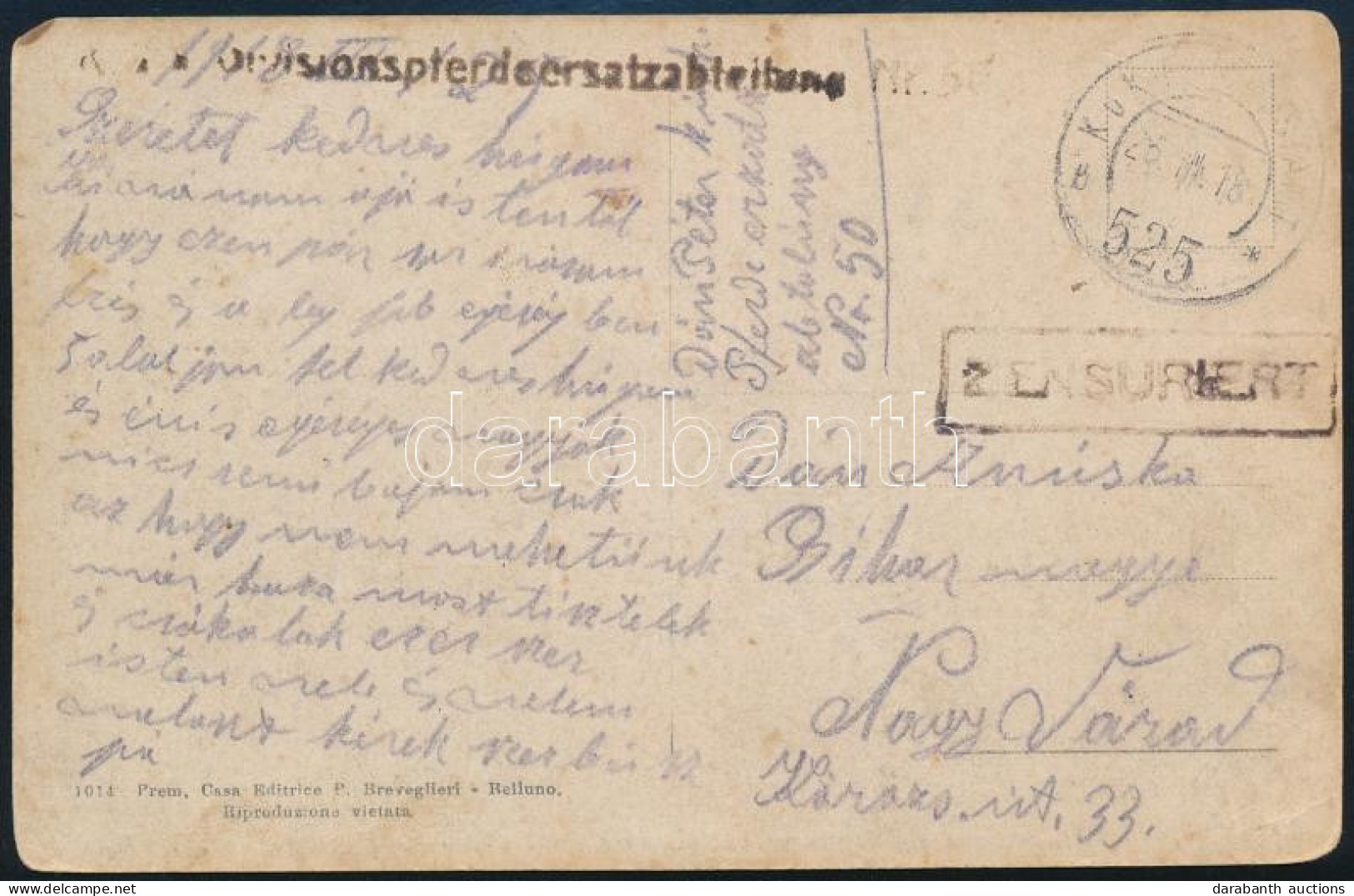 1918 Képeslap (Fonzaso) "K.u.K. Divisionspferdeersatzabteilung" + FP / 525" - Autres & Non Classés