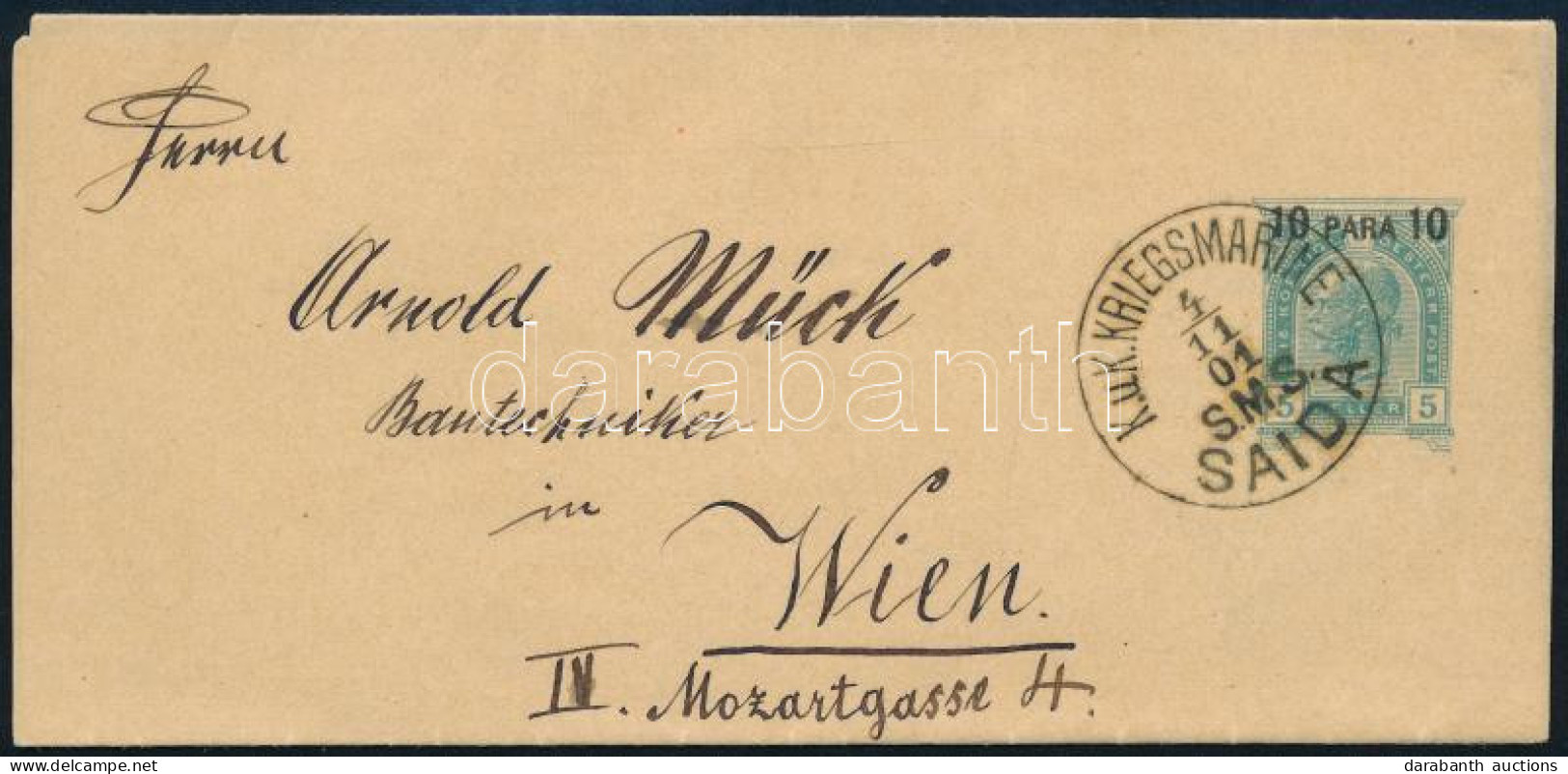 1901 Osztrák Levant Díjjegyes Címszalag Bécsbe "S.M.S. SAIDA" - Other & Unclassified