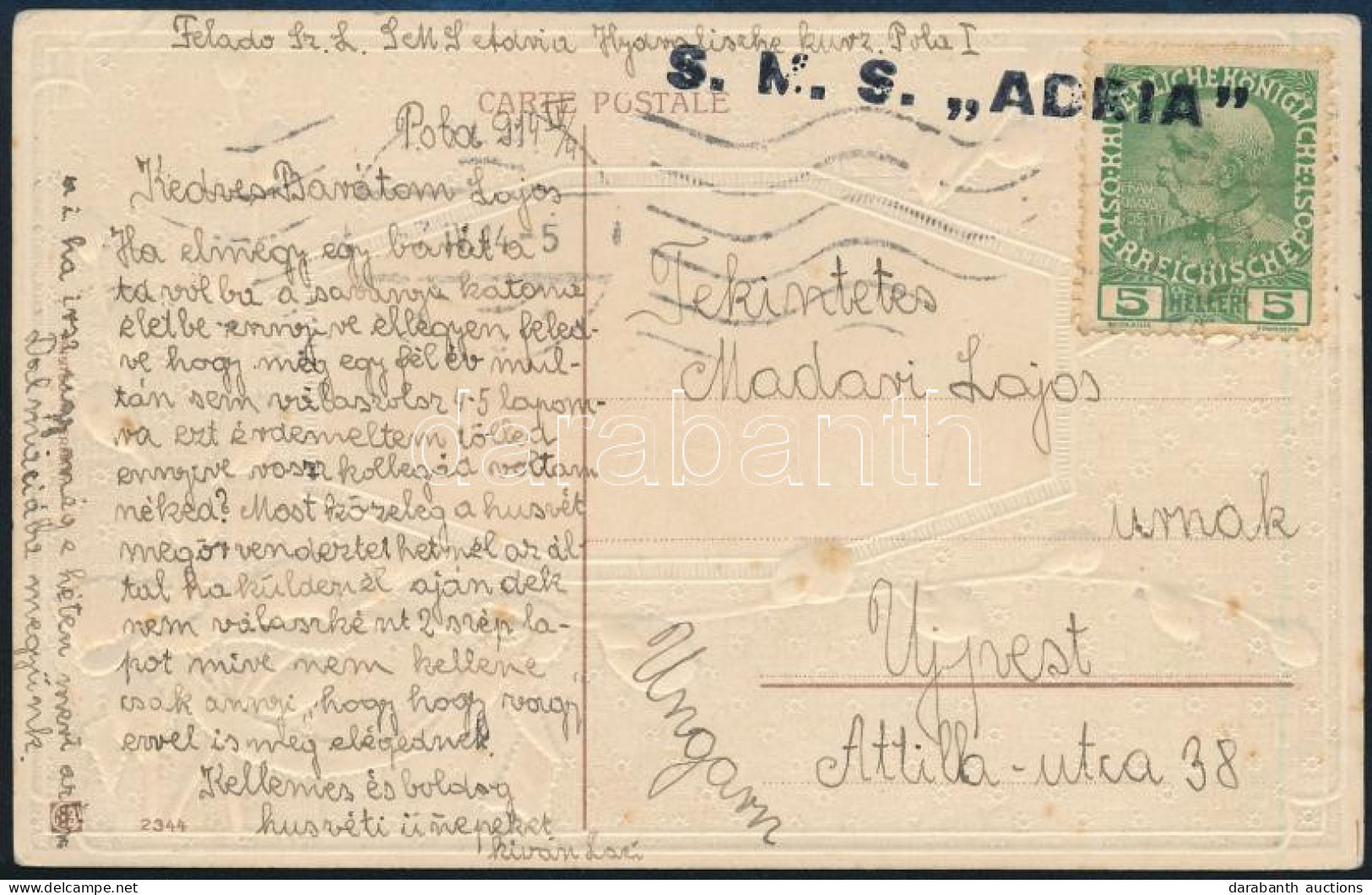 1914 Tábori Posta Képeslap 5h Bérmentesítéssel "S.M.S. ADRIA" - Autres & Non Classés